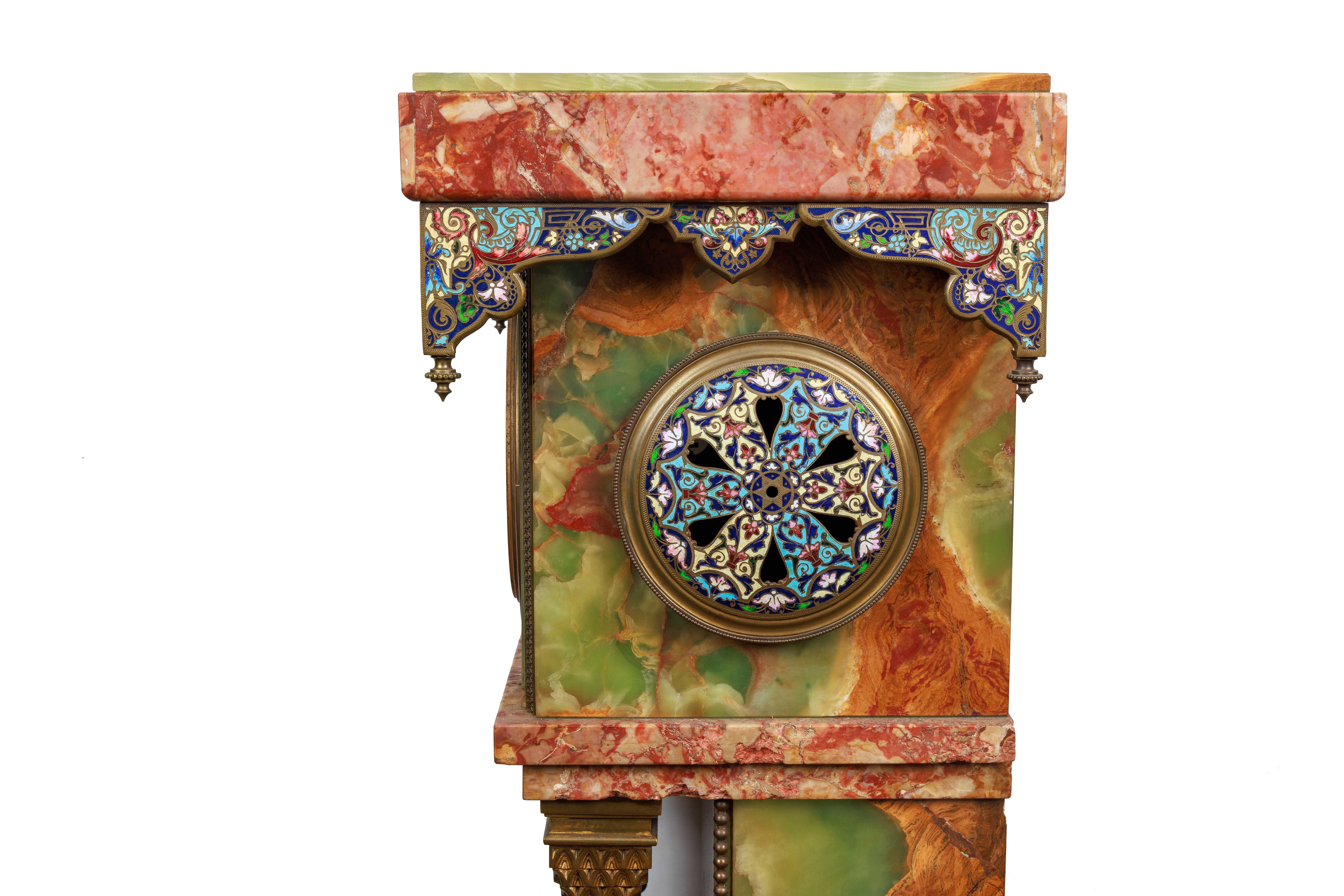 French Gilt-Bronze, Champleve Enamel, Onyx, and Marble Pedestal Clock, C. 1880 12