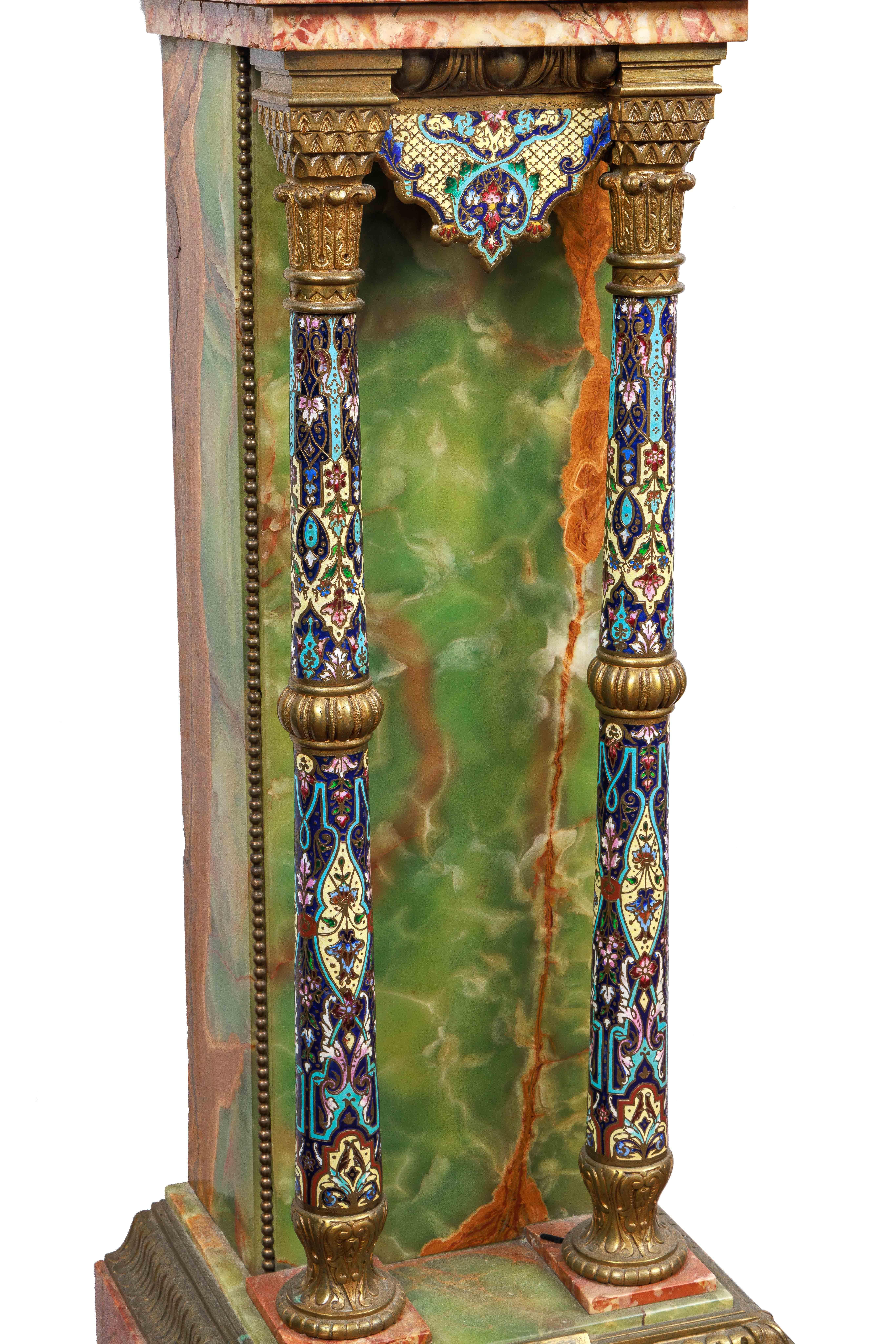 19th Century French Gilt-Bronze, Champleve Enamel, Onyx, and Marble Pedestal Clock, C. 1880