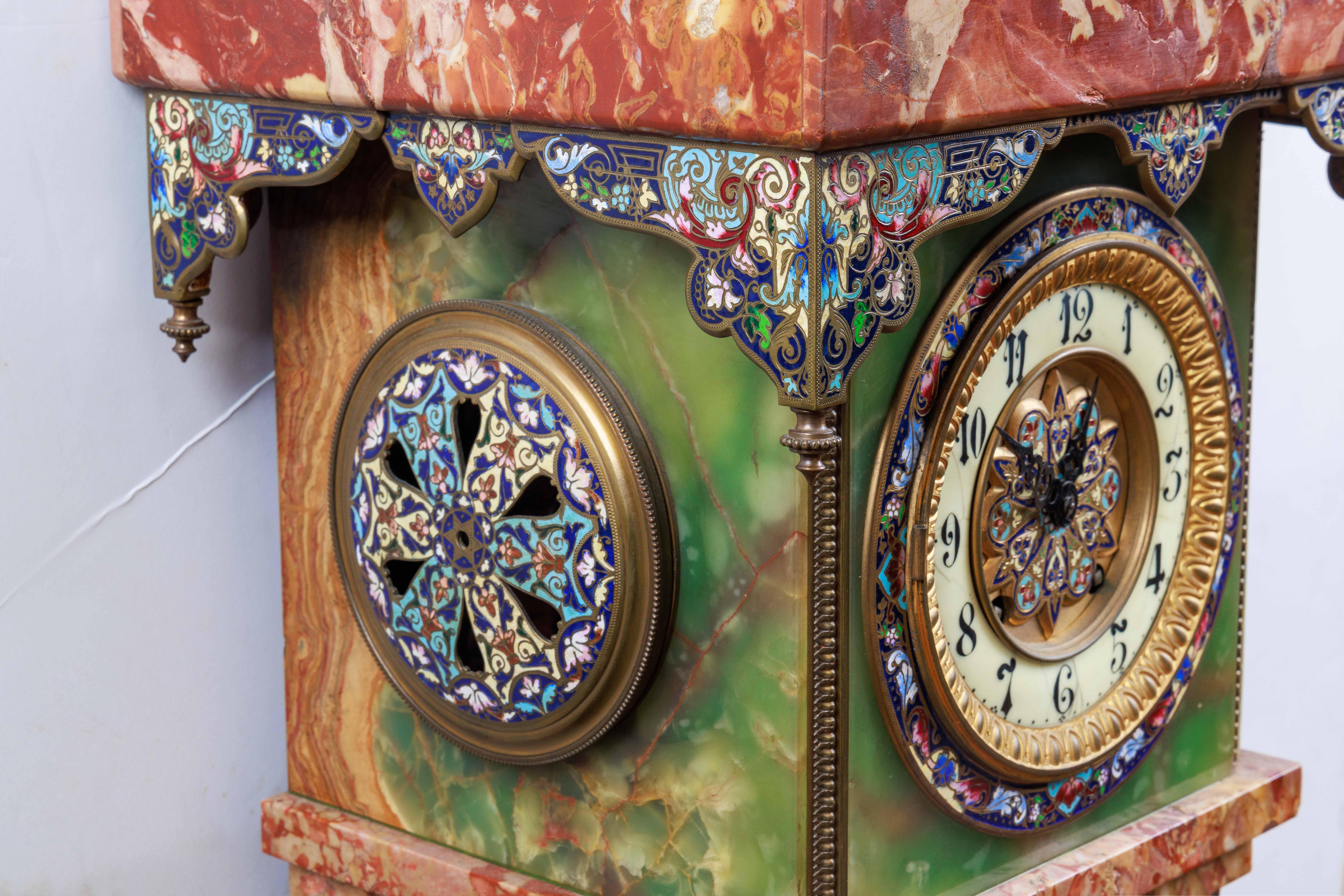 French Gilt-Bronze, Champleve Enamel, Onyx, and Marble Pedestal Clock, C. 1880 2