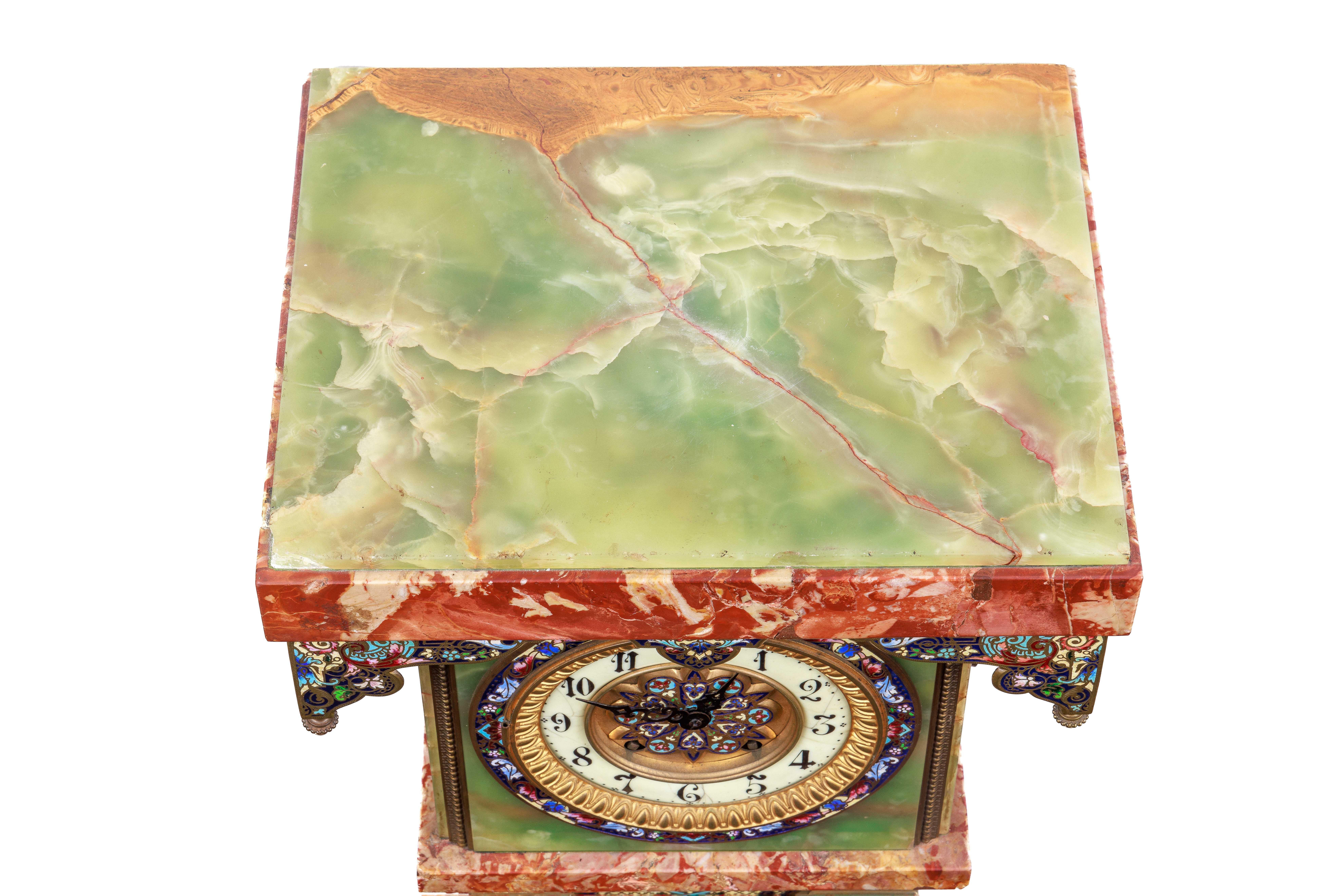 French Gilt-Bronze, Champleve Enamel, Onyx, and Marble Pedestal Clock, C. 1880 3