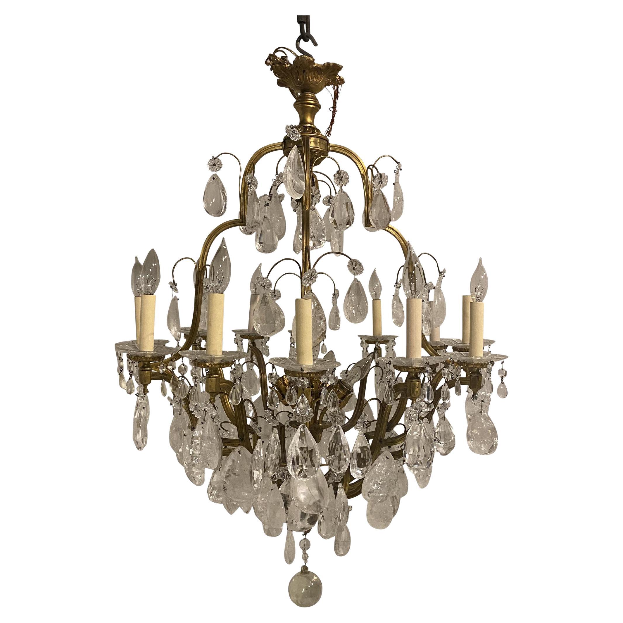 Gilt Bronze Chandelier with Rock Crystal Pendants For Sale at 1stDibs