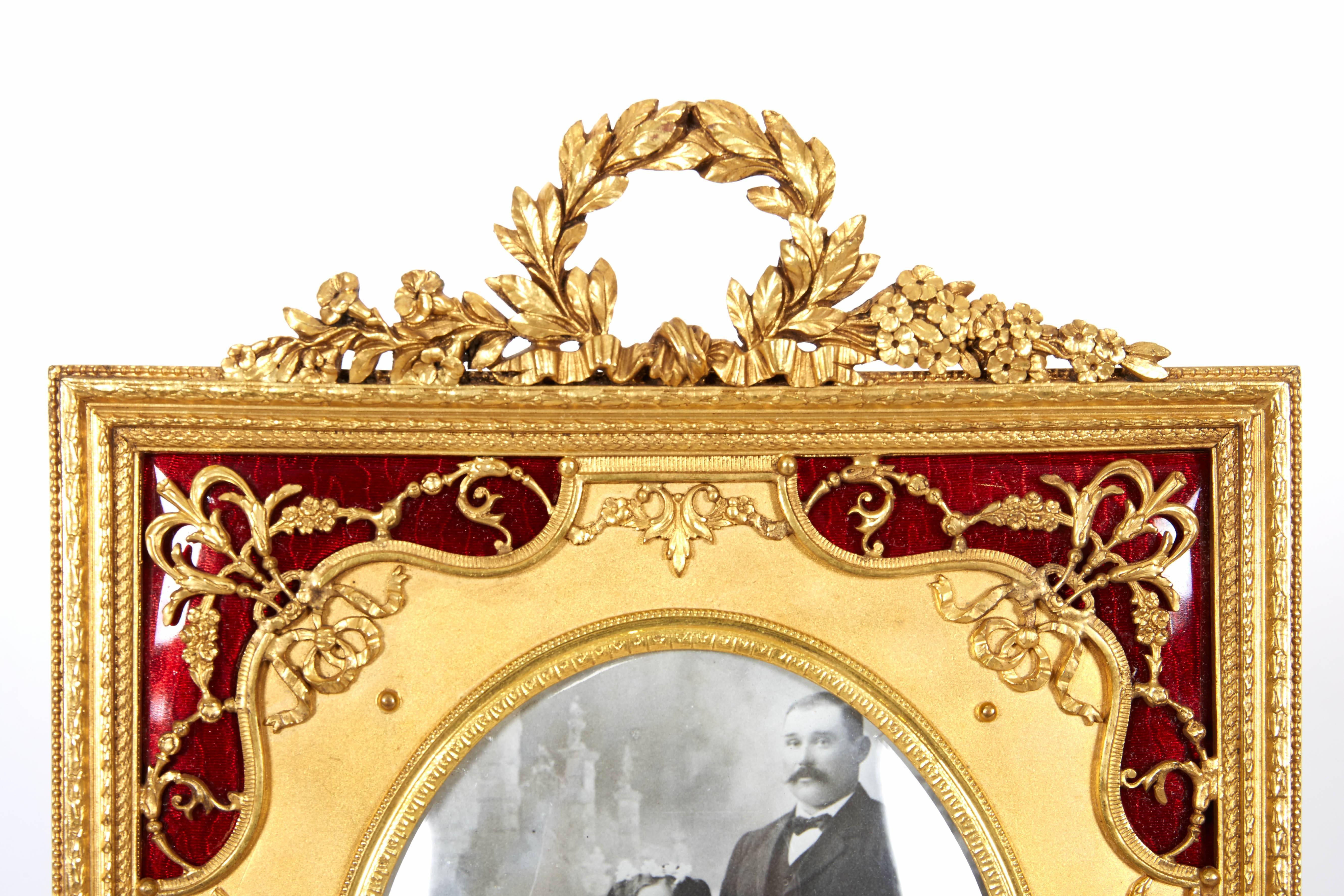 Rococo French Gilt Bronze Ormolu and Red Guilloche Enamel Picture Photo Frame