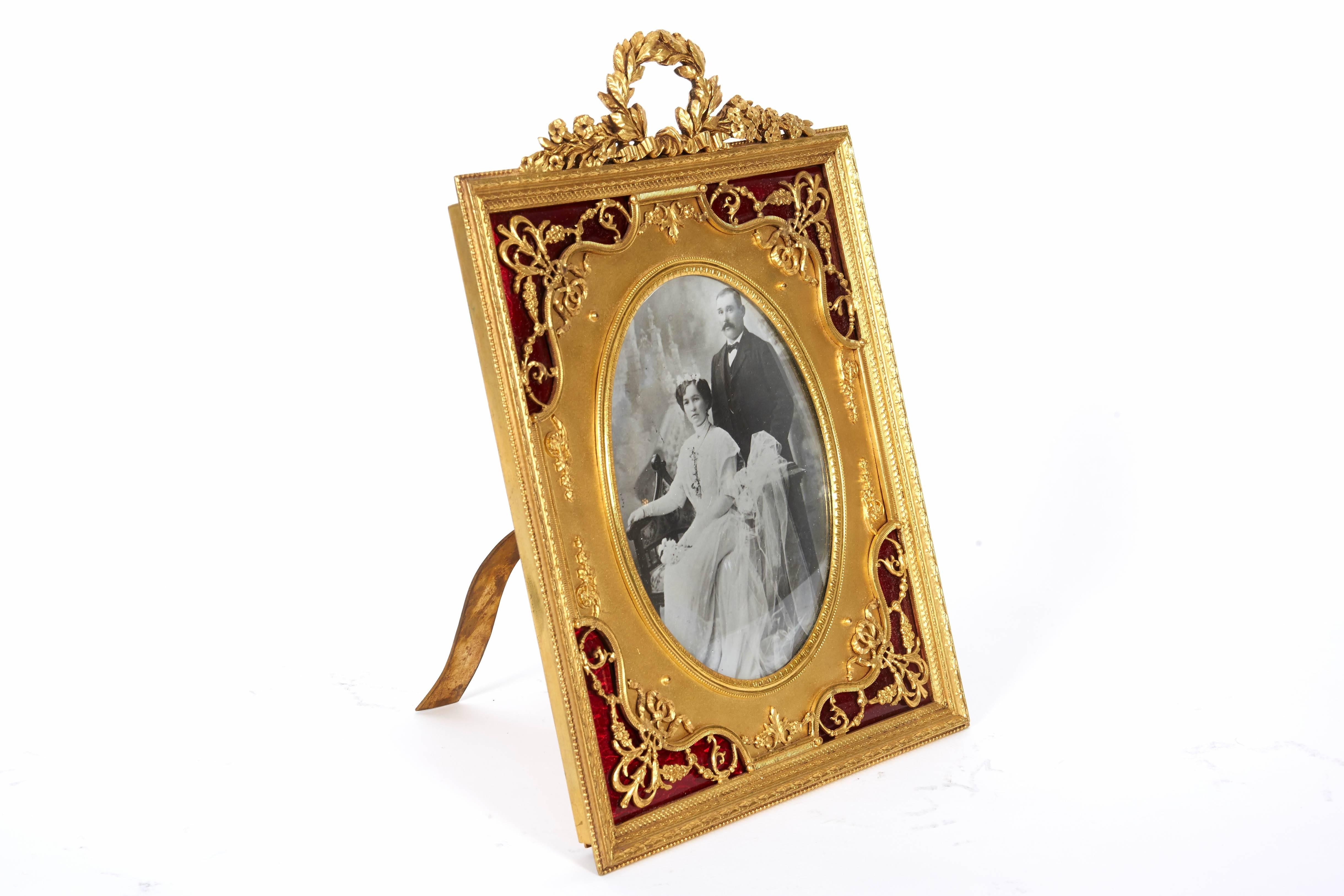 19th Century French Gilt Bronze Ormolu and Red Guilloche Enamel Picture Photo Frame