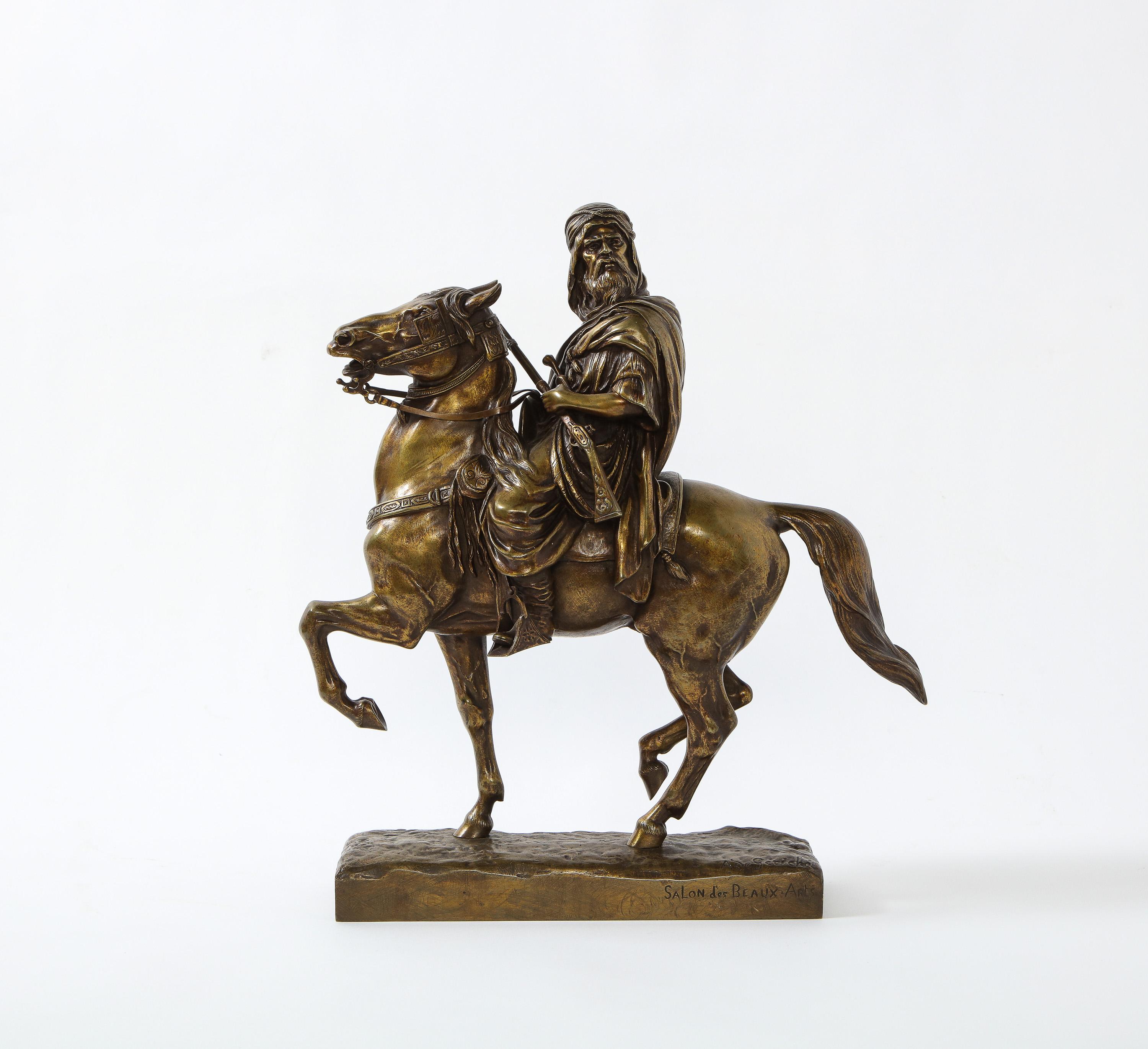 A French gilt bronze sculpture of An Arab Riding A Horse, by A. De Gericke, and exhibited at the Salon Des Beaux Arts in Paris, 19th Ccntury.

Very nice quality sculpture of a horseman, and in very good condition. Ready to place.

Measures: