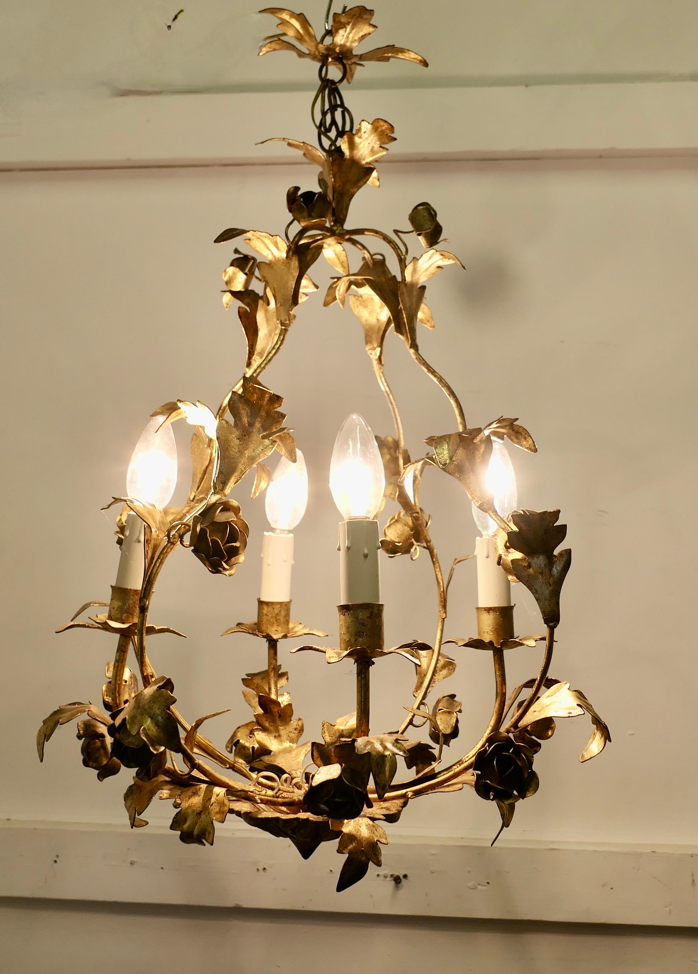 French Provincial A French Gilt Toleware Open Basket Ceiling Light