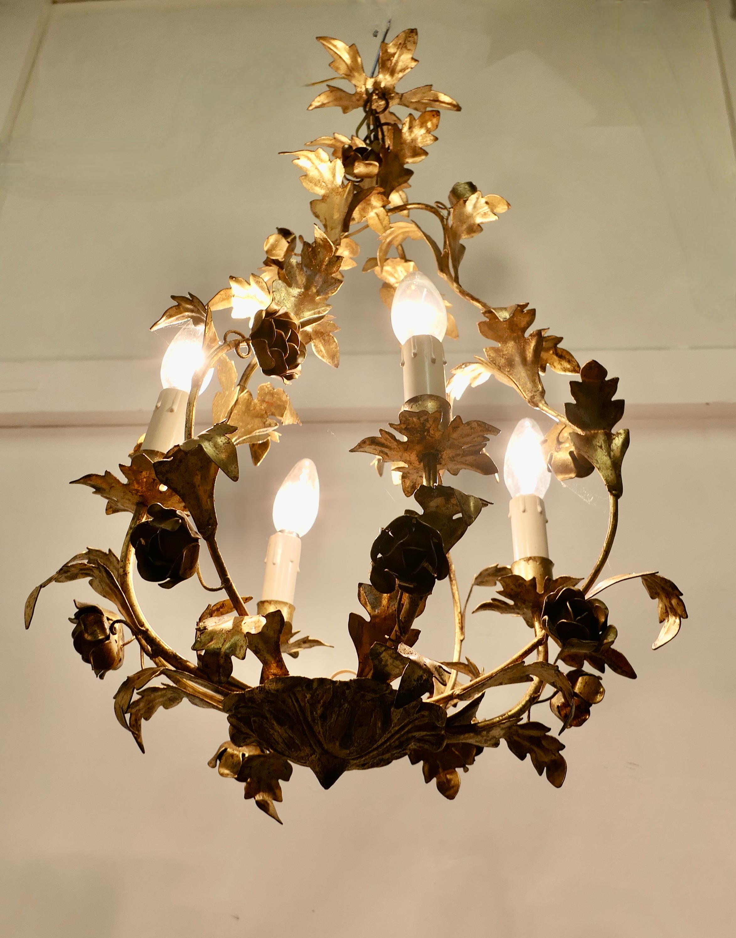A French Gilt Toleware Open Basket Ceiling Light In Good Condition In Godshill, Isle of Wight