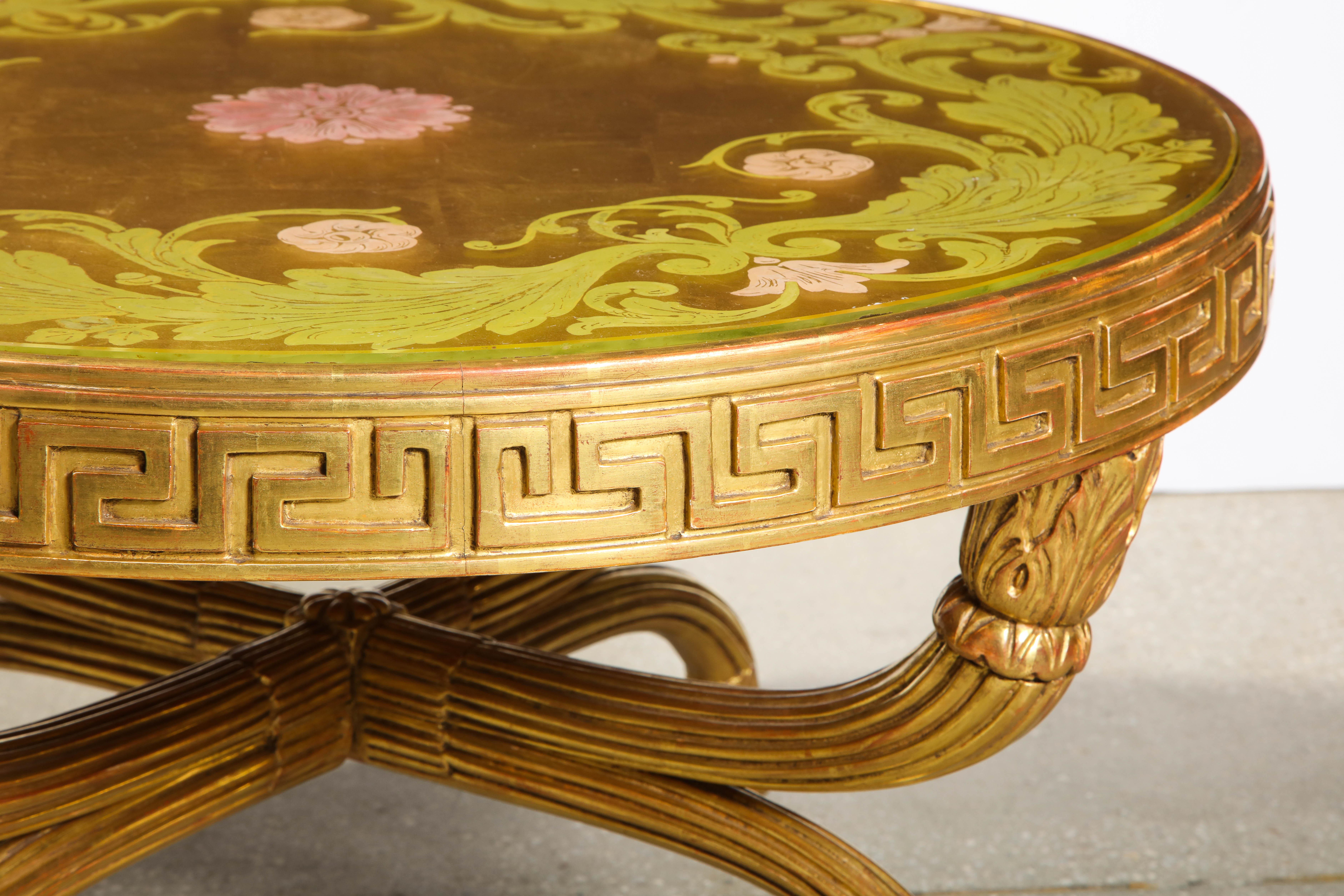 French Giltwood and Églomisé Cocktail/Coffee Table with Greek Key Design In Good Condition In New York, NY