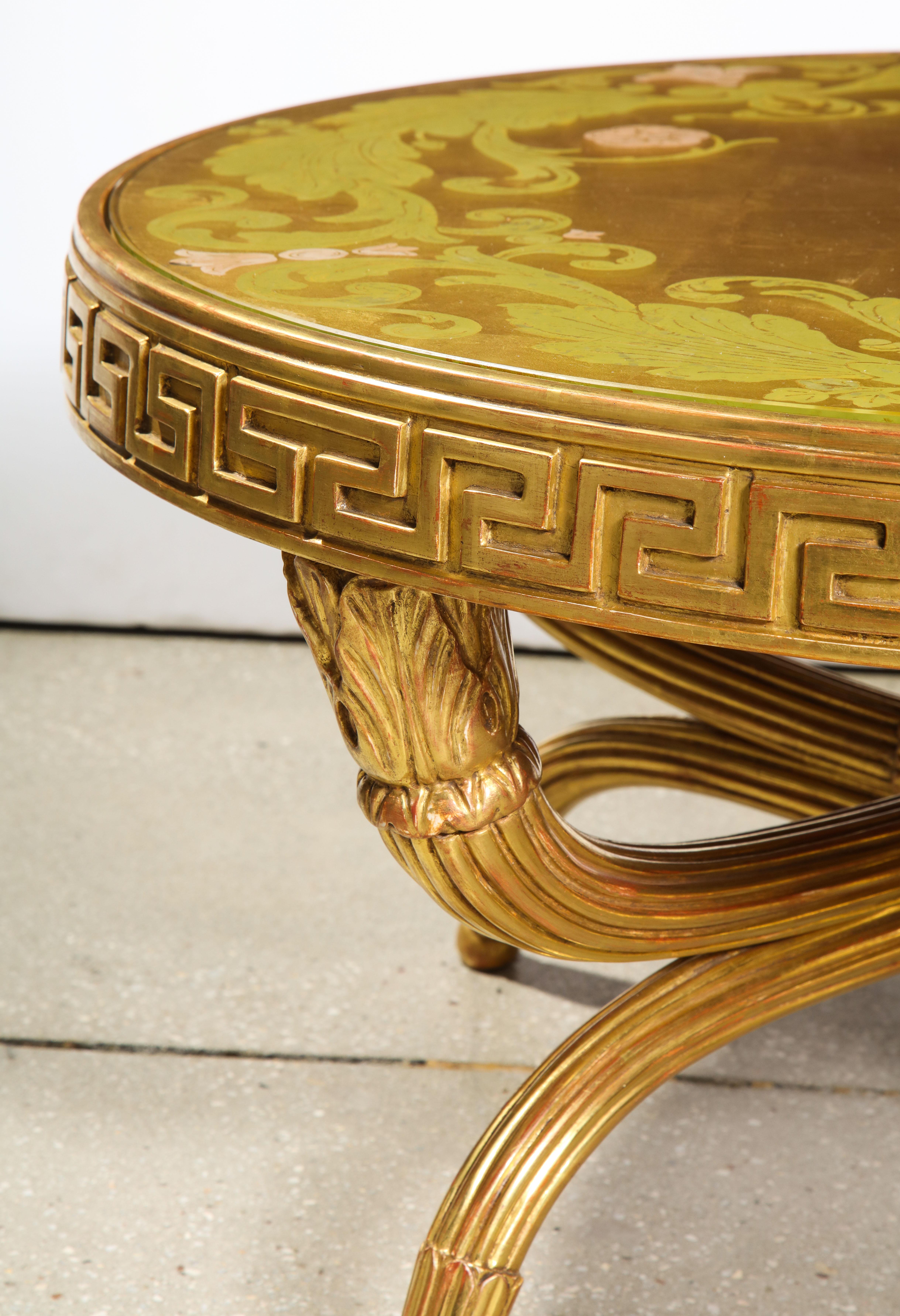 Mid-20th Century French Giltwood and Églomisé Cocktail/Coffee Table with Greek Key Design