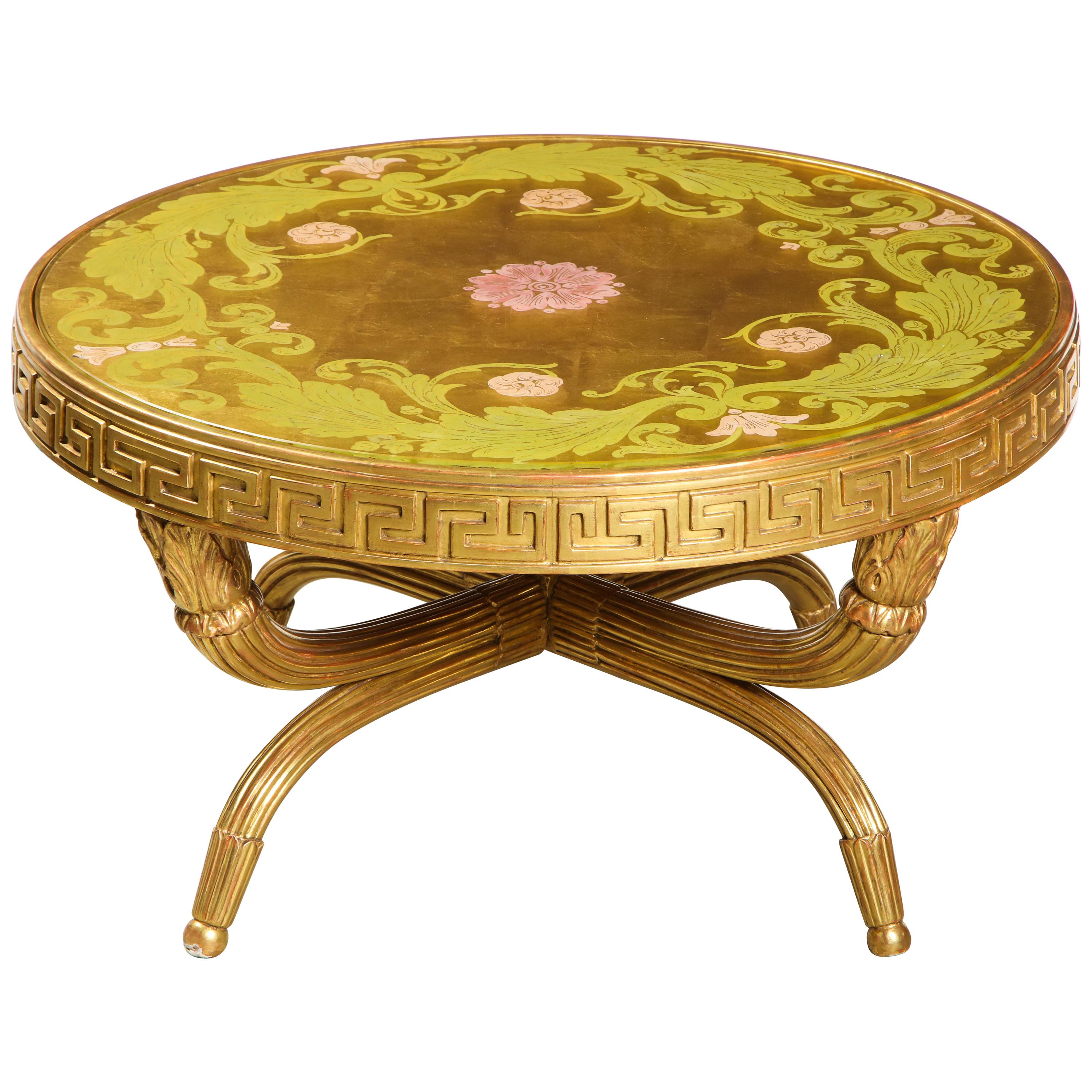 French Giltwood and Églomisé Cocktail/Coffee Table with Greek Key Design