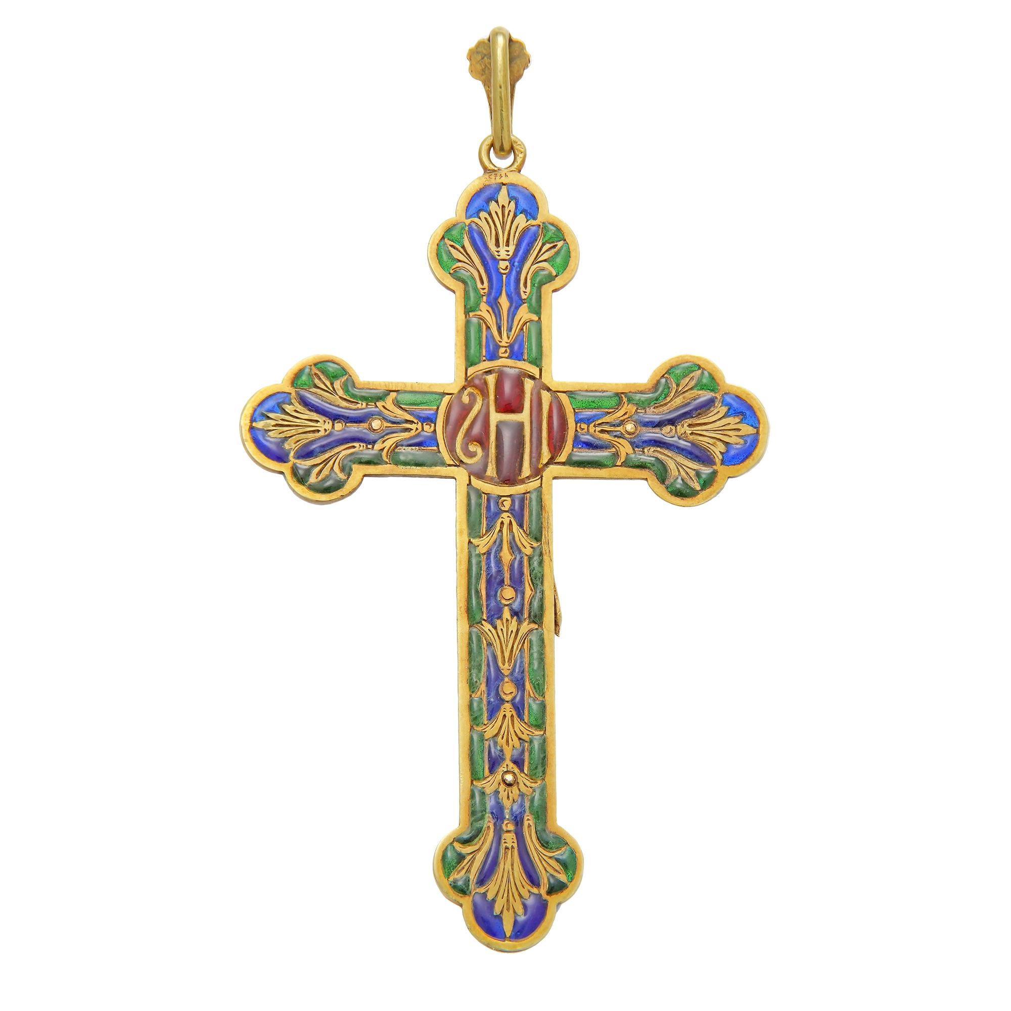 A French gold and enamel crucifix pendant in Renaissance style, the budded cross with applied modelled figure of Christ made in yellow gold, the cross to the centre bearing the Christogram HIS in gold with red plique-a-jour enamel, the arms of