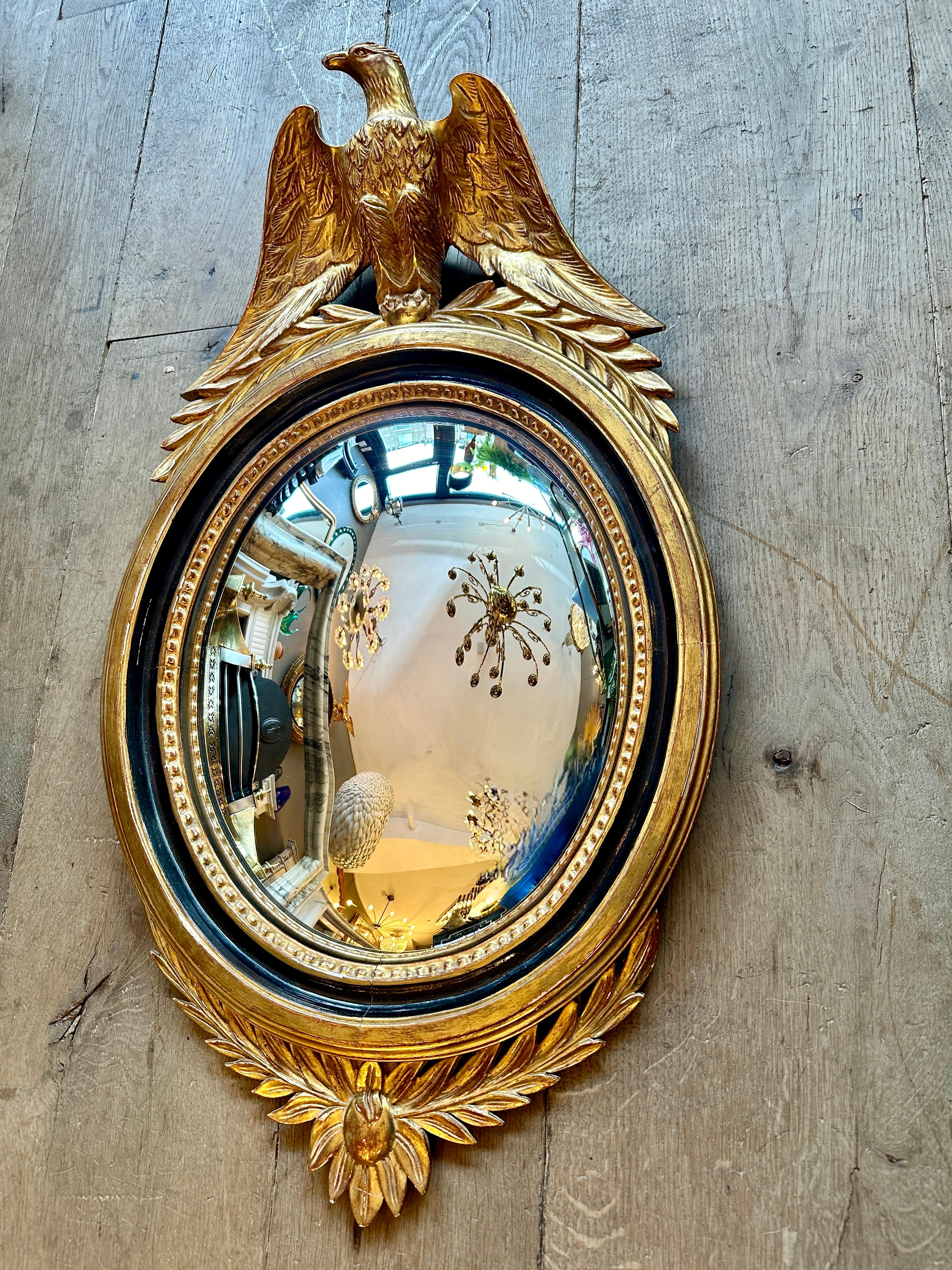 Empire A French Gold Gilt Oval  Convex  Eagle Crested Mirror