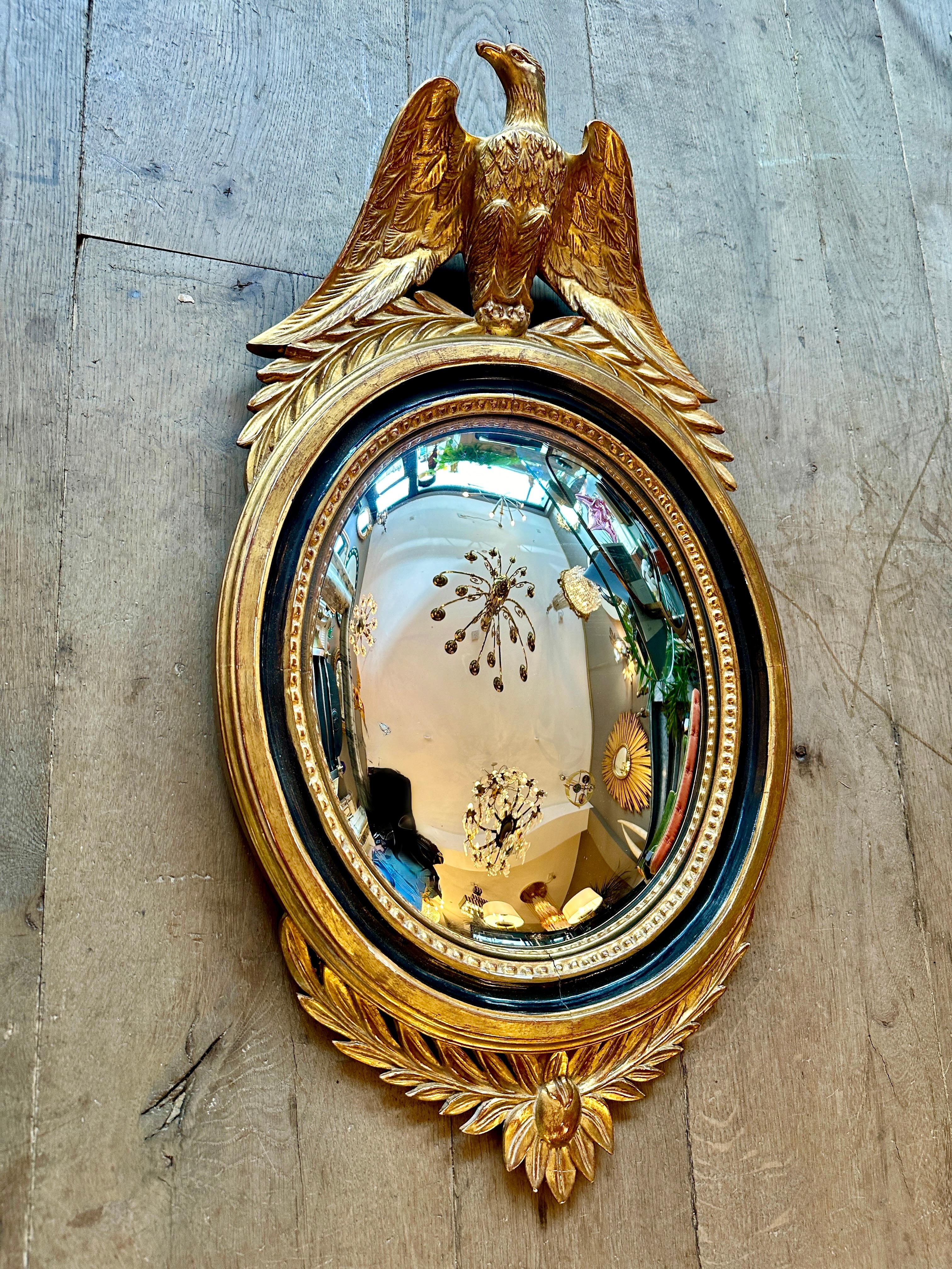 A French Gold Gilt Oval  Convex  Eagle Crested Mirror In Good Condition In London, GB