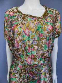 A French Gold Printed and painted Satin Dress Circa 1940-1950