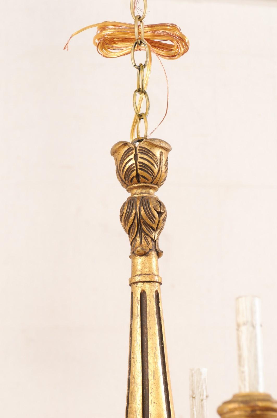 French Gold Tone Carved-Wood Five-Light Chandelier, Mid-20th Century In Good Condition For Sale In Atlanta, GA