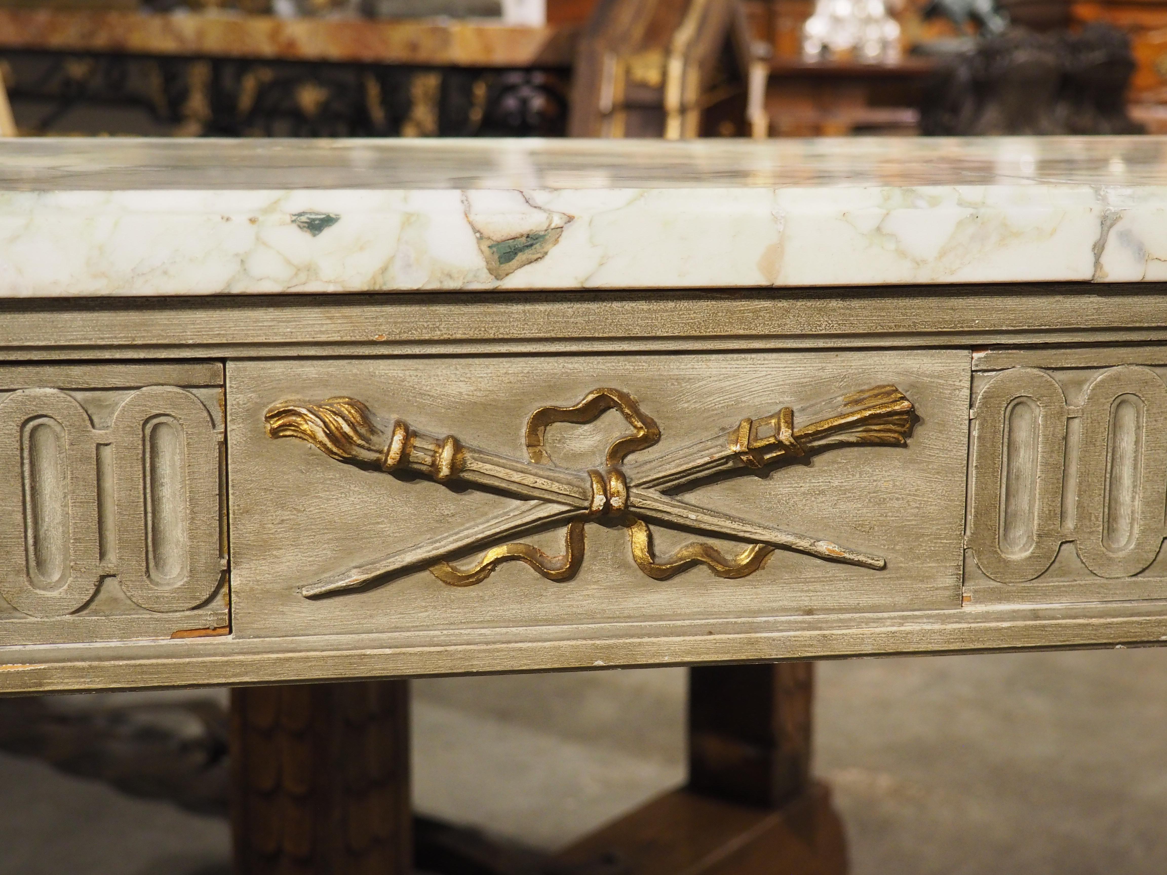A French Gray Painted Louis XVI Style Demi-Lune Console Table with Marble Top 4