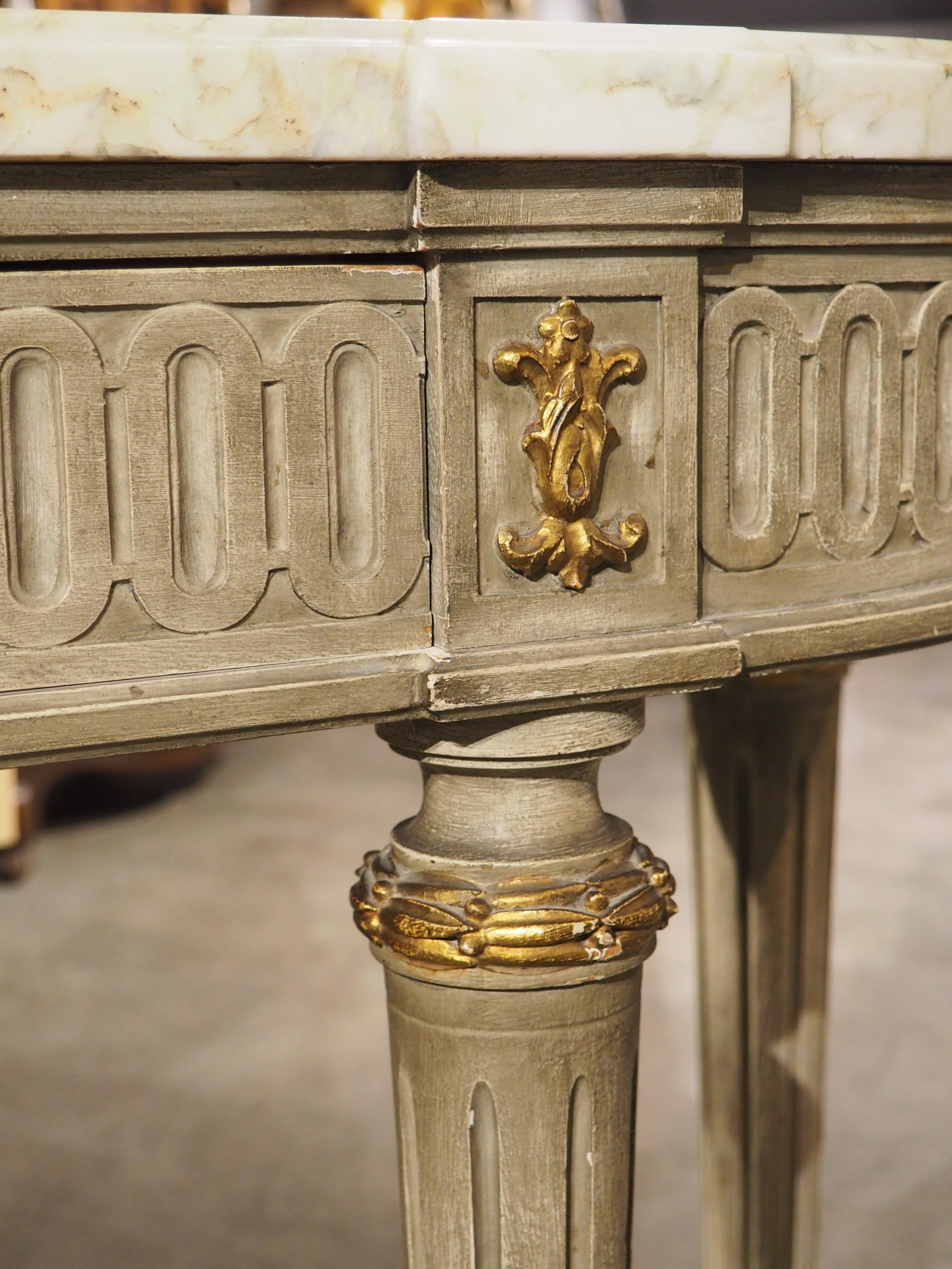 A French Gray Painted Louis XVI Style Demi-Lune Console Table with Marble Top 8