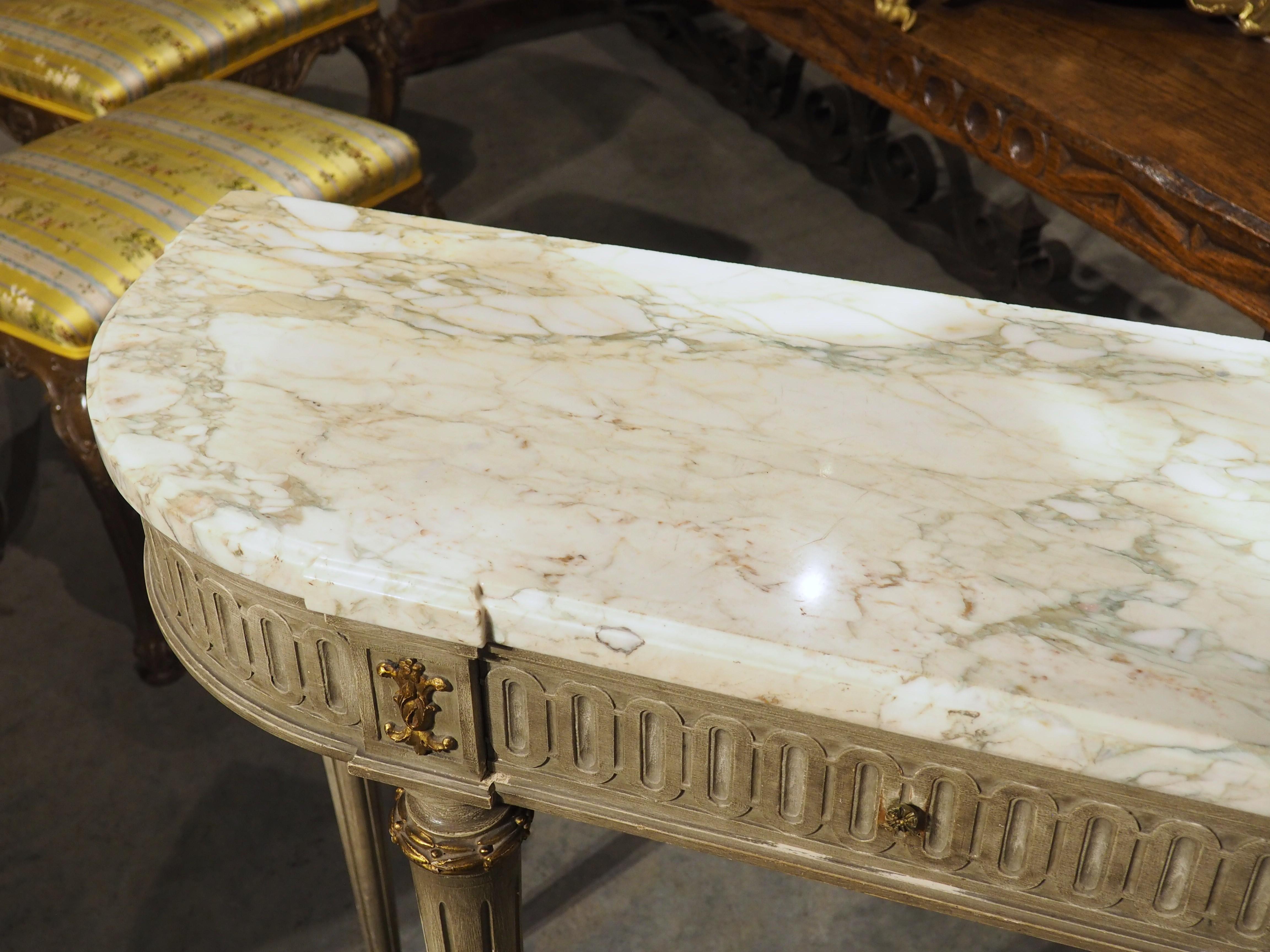 A French Gray Painted Louis XVI Style Demi-Lune Console Table with Marble Top 9
