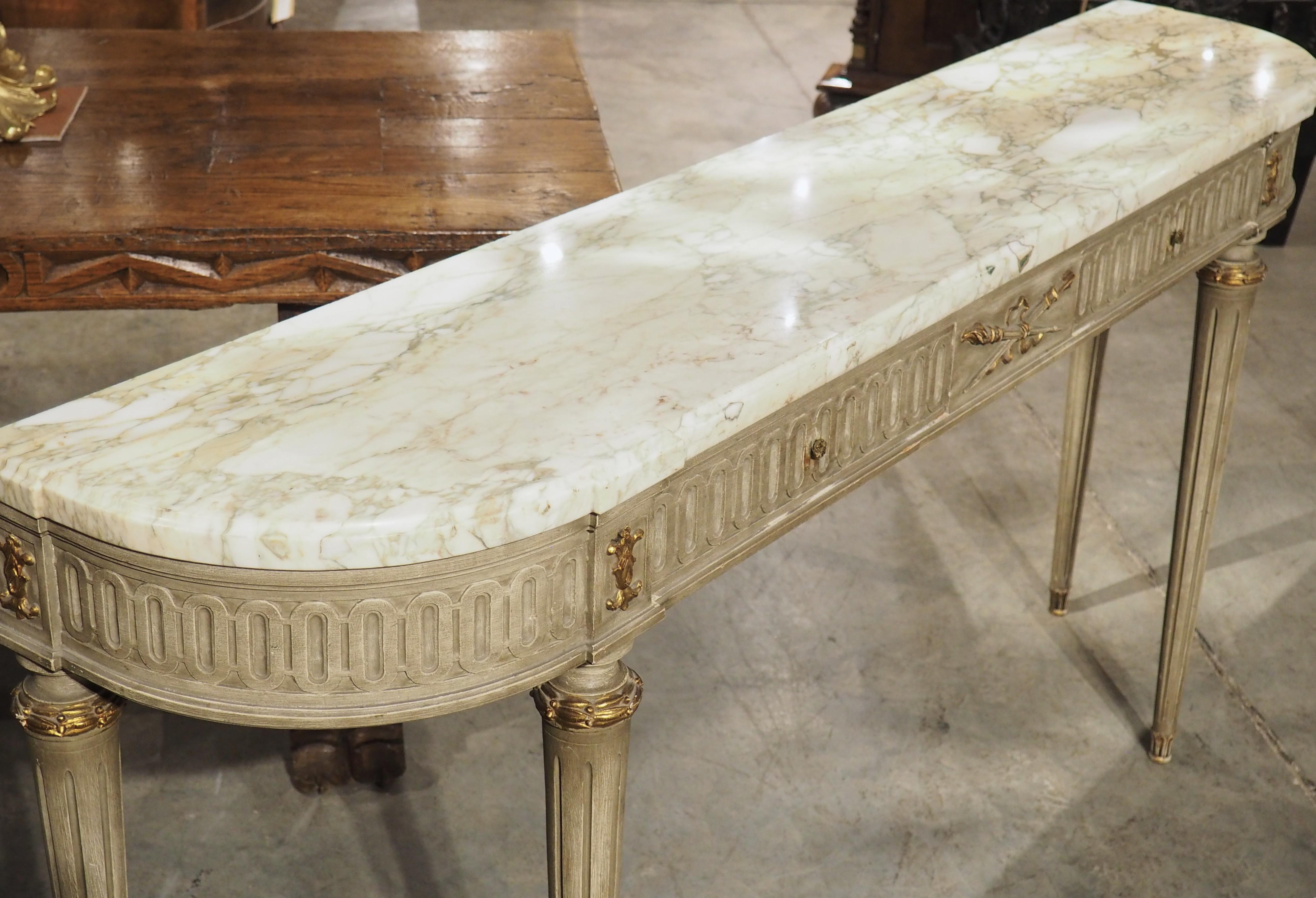 A French Gray Painted Louis XVI Style Demi-Lune Console Table with Marble Top 10