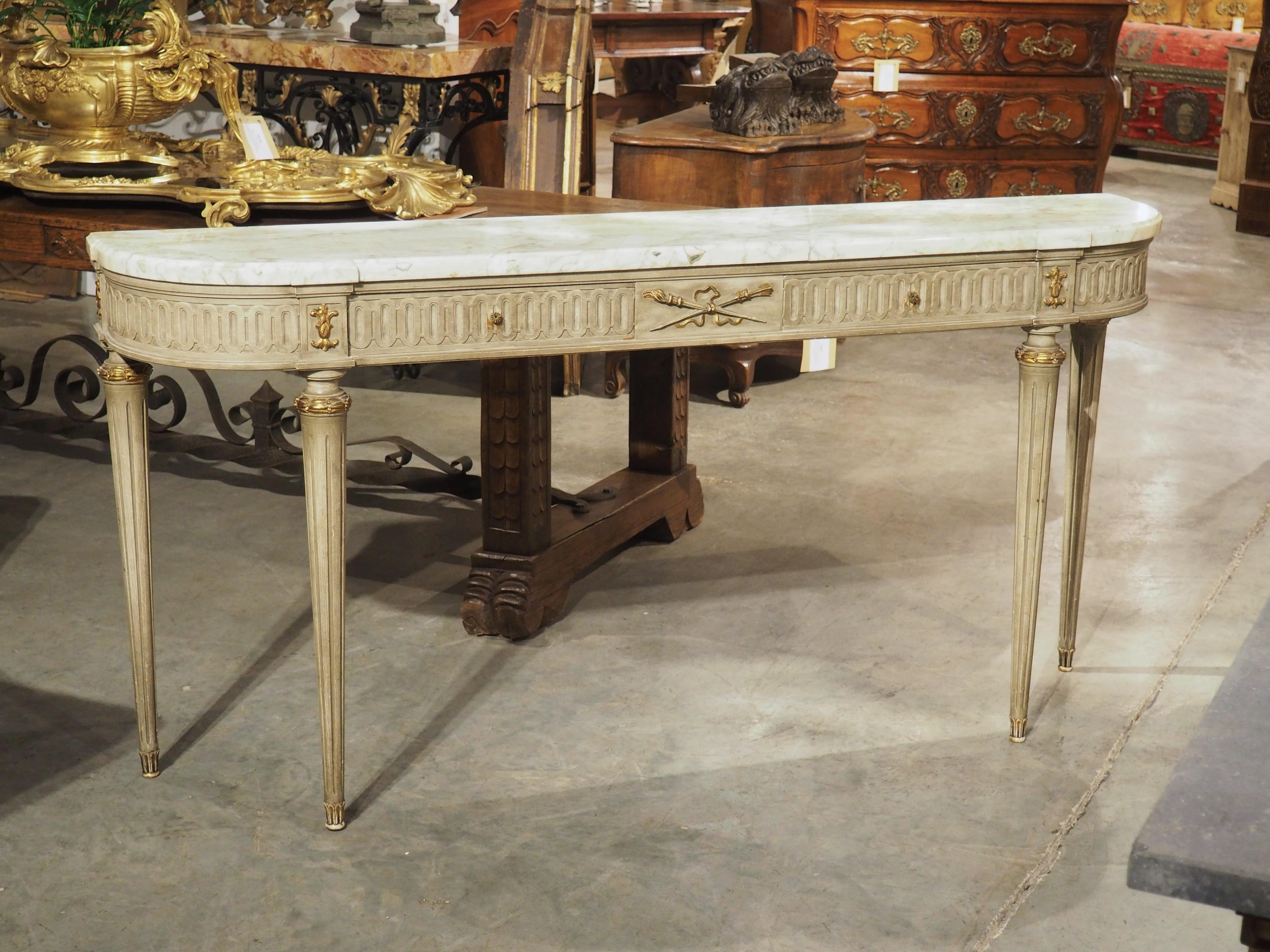 A French Gray Painted Louis XVI Style Demi-Lune Console Table with Marble Top 11
