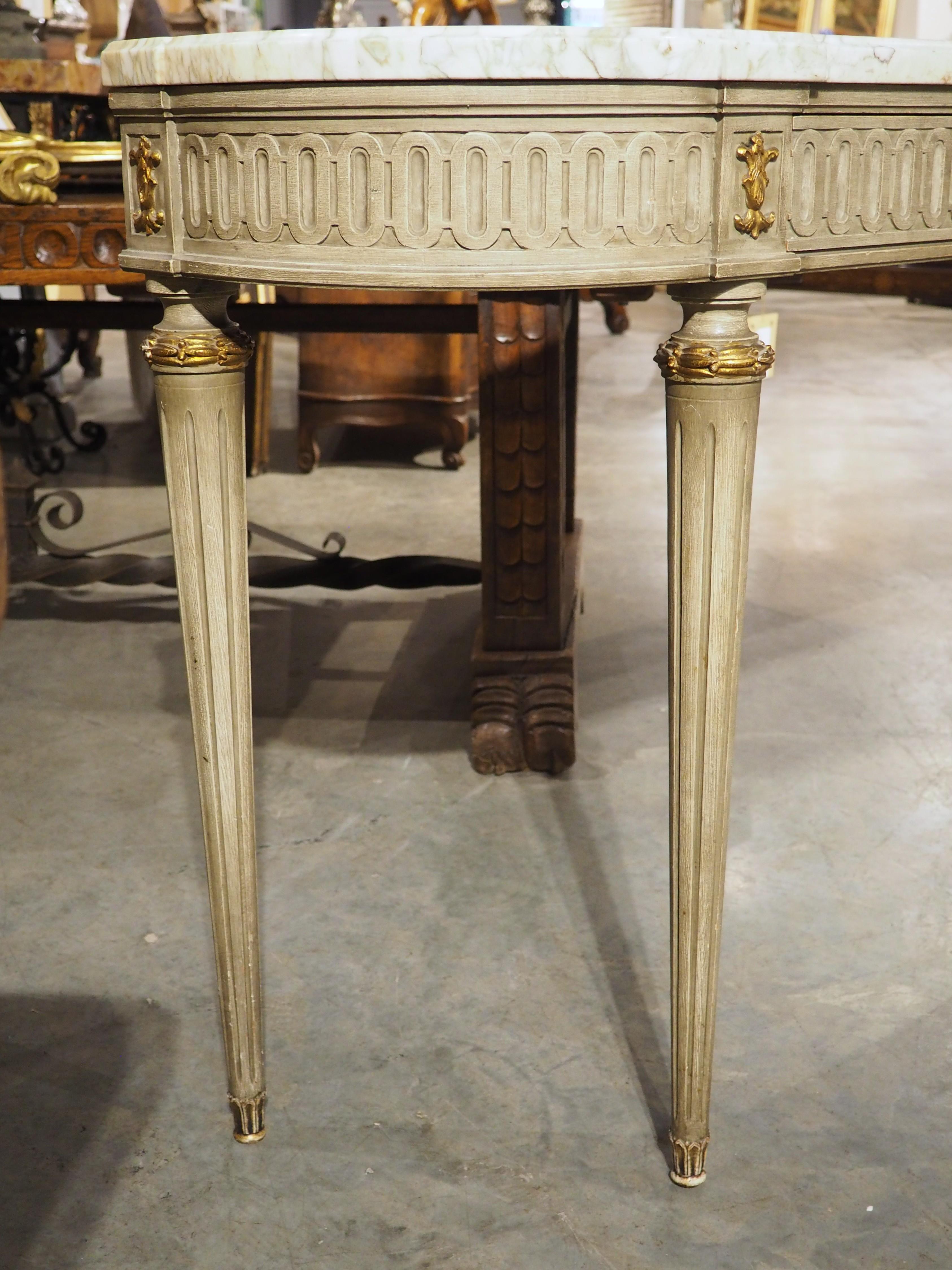 Hand-Painted A French Gray Painted Louis XVI Style Demi-Lune Console Table with Marble Top