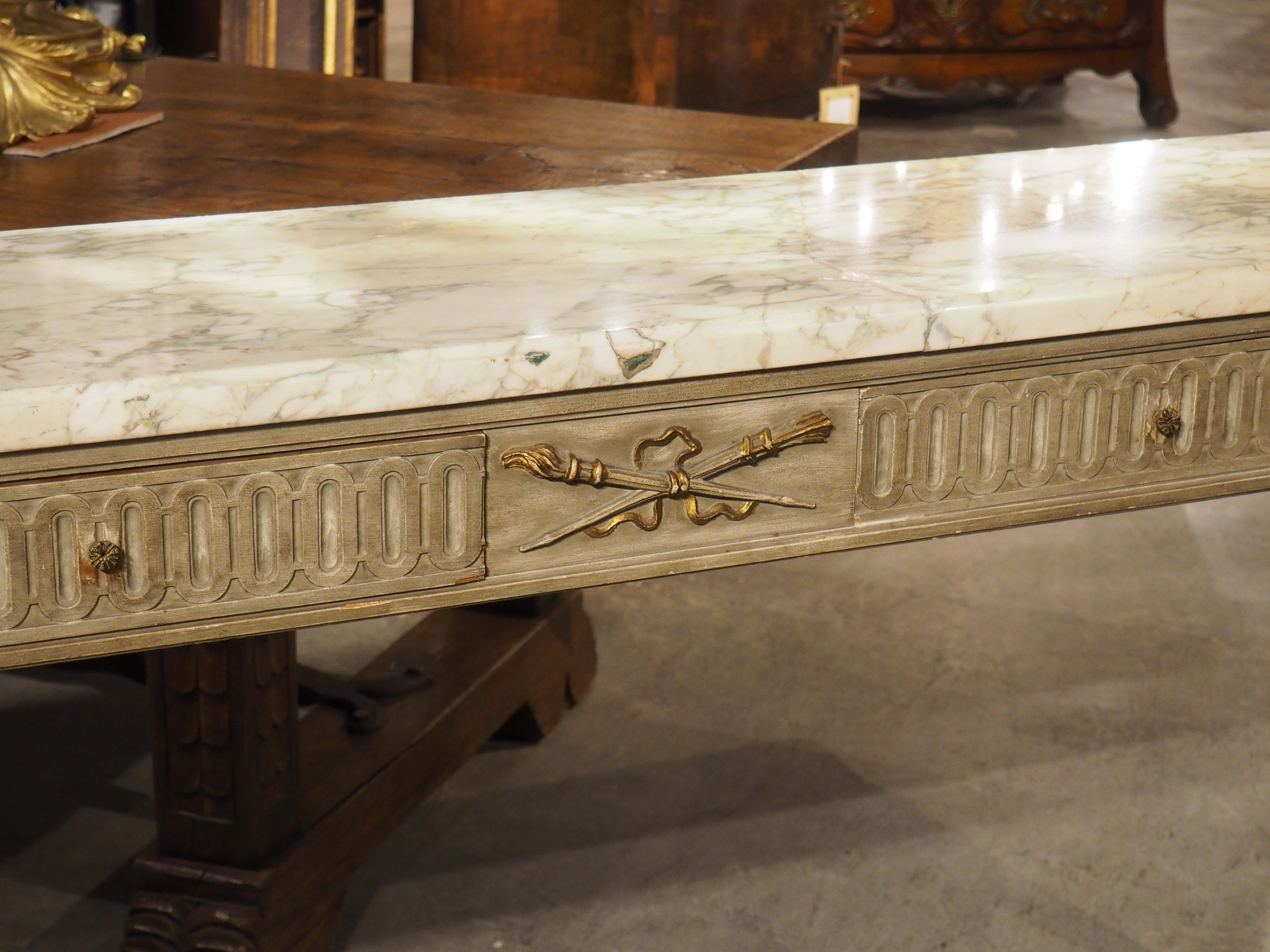 A French Gray Painted Louis XVI Style Demi-Lune Console Table with Marble Top In Good Condition In Dallas, TX