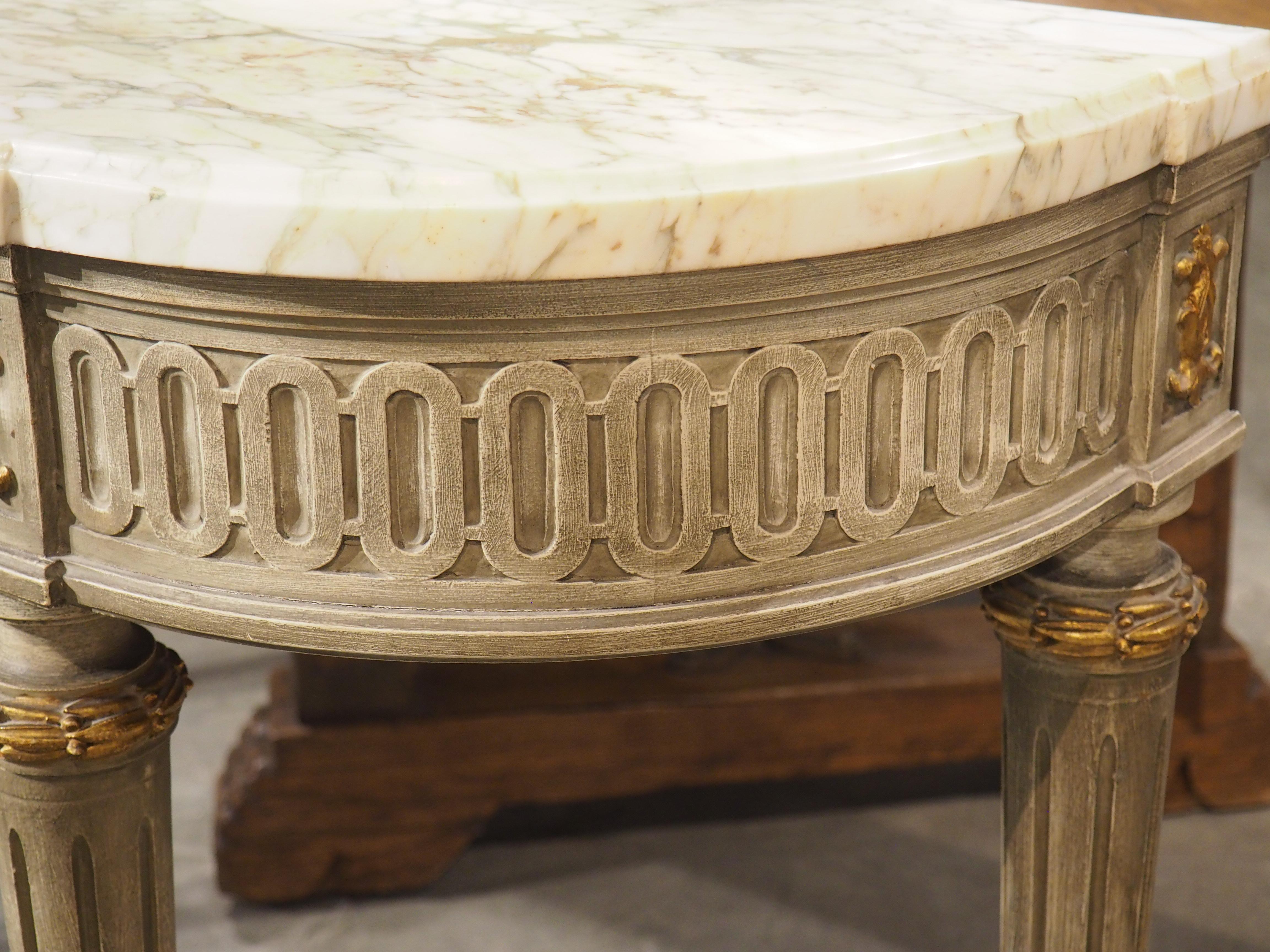 20th Century A French Gray Painted Louis XVI Style Demi-Lune Console Table with Marble Top