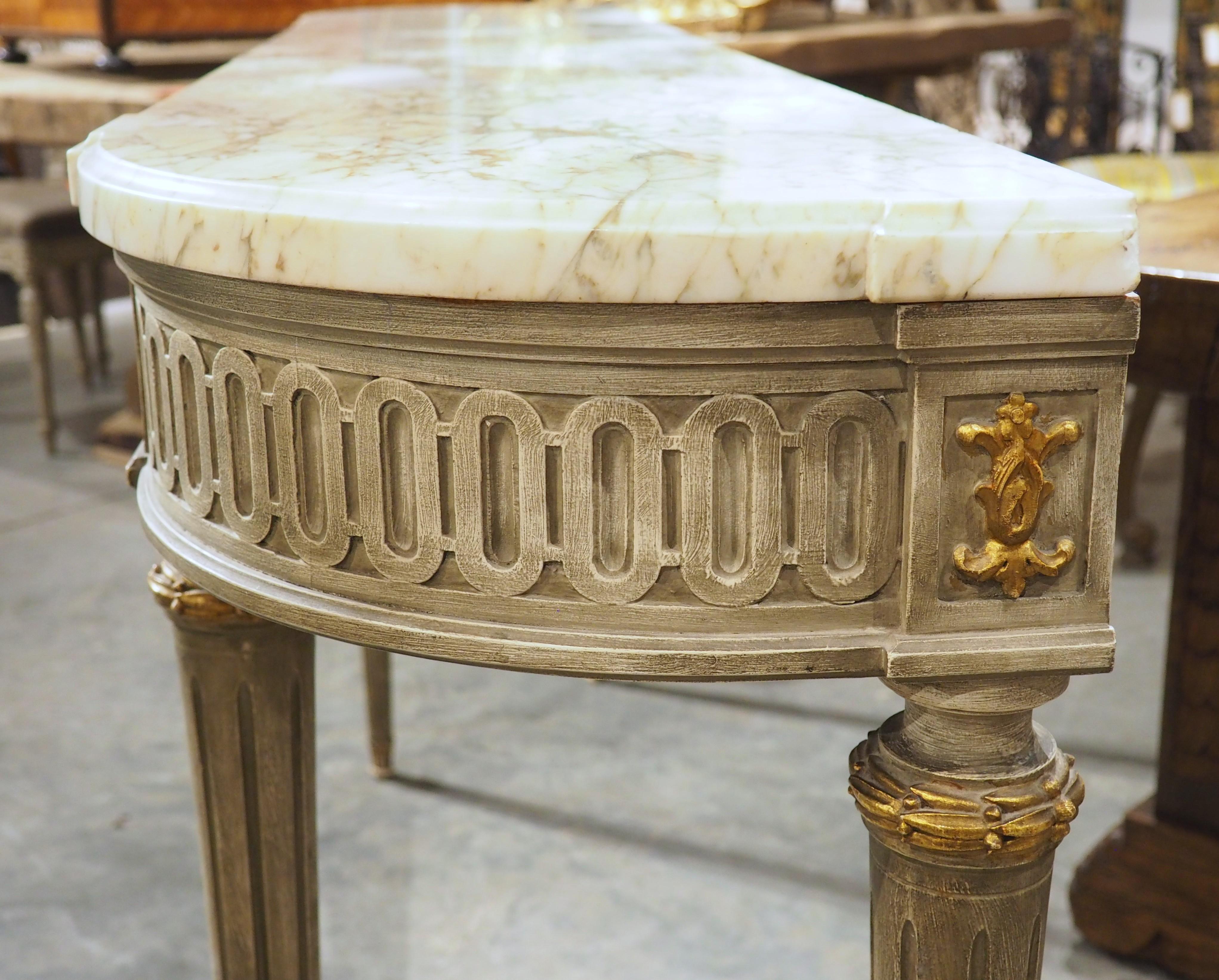 Stone A French Gray Painted Louis XVI Style Demi-Lune Console Table with Marble Top