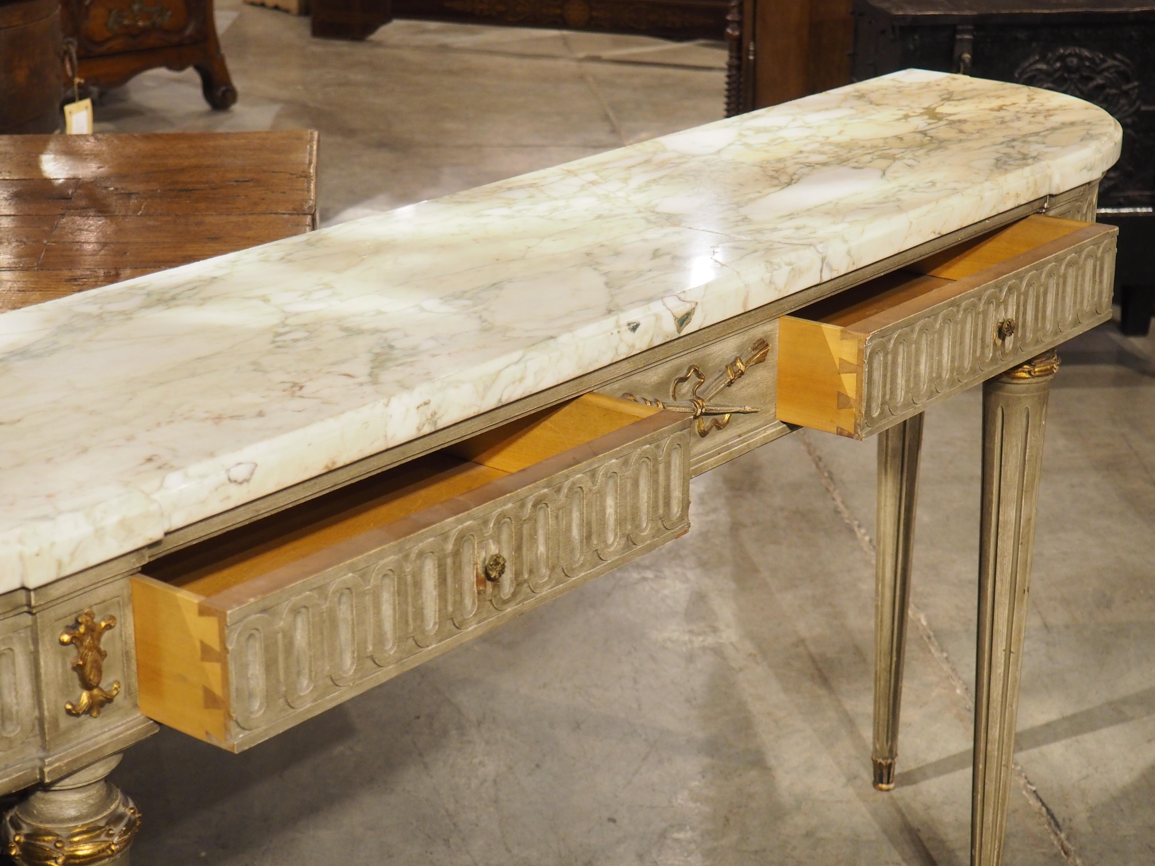 A French Gray Painted Louis XVI Style Demi-Lune Console Table with Marble Top 2