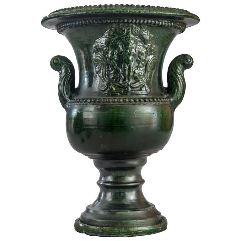 A French Green Glazed Faience Campana Urn with Classical Relief In Good Condition For Sale In New York, NY