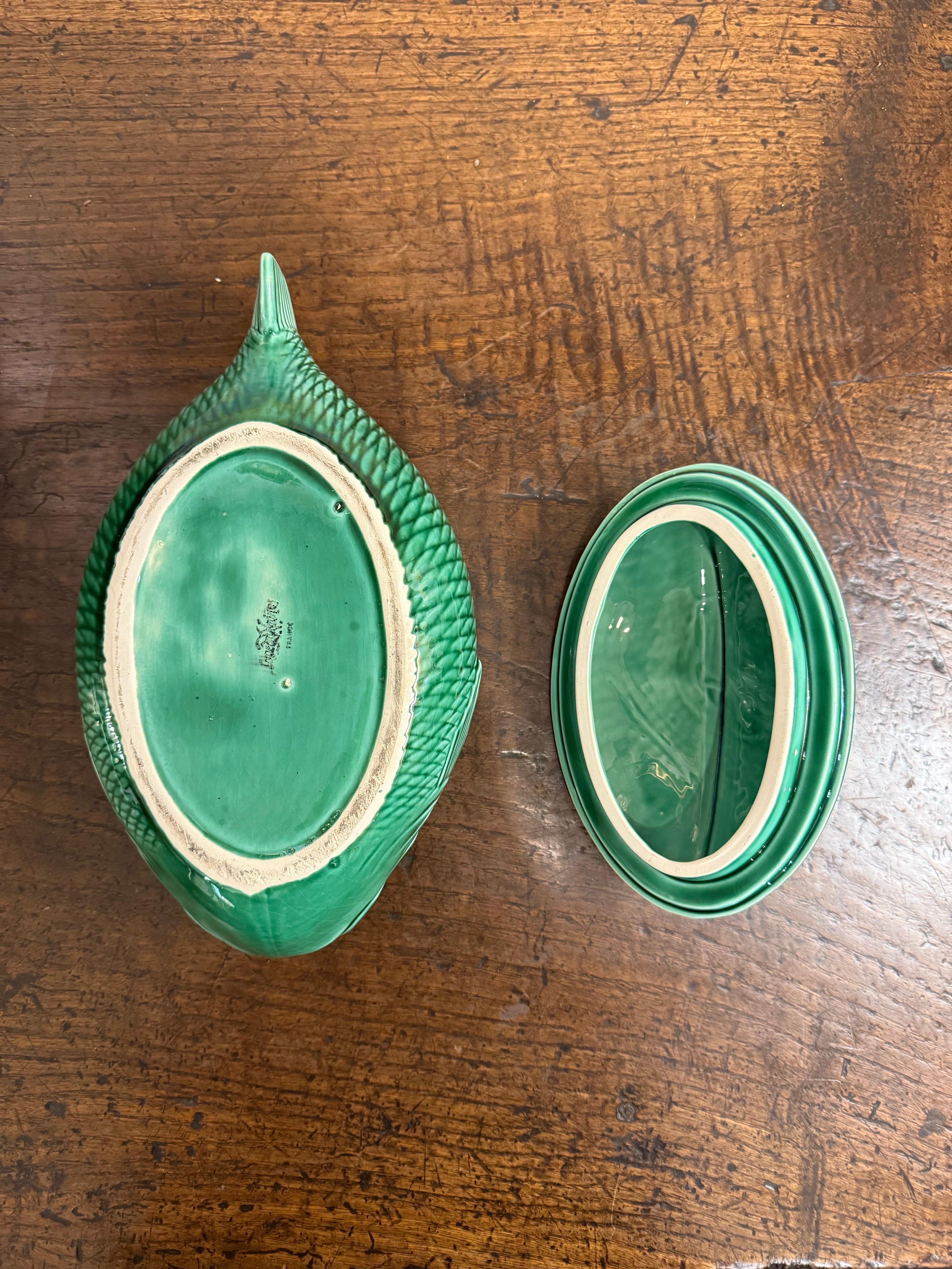 A French Green Majolica Fish Tureen by Sarreguemines, Mid 20th Century For Sale 7
