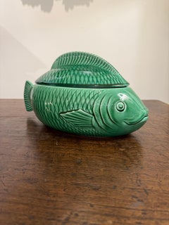 A French Green Majolica Fish Tureen by Sarreguemines, Mid 20th Century