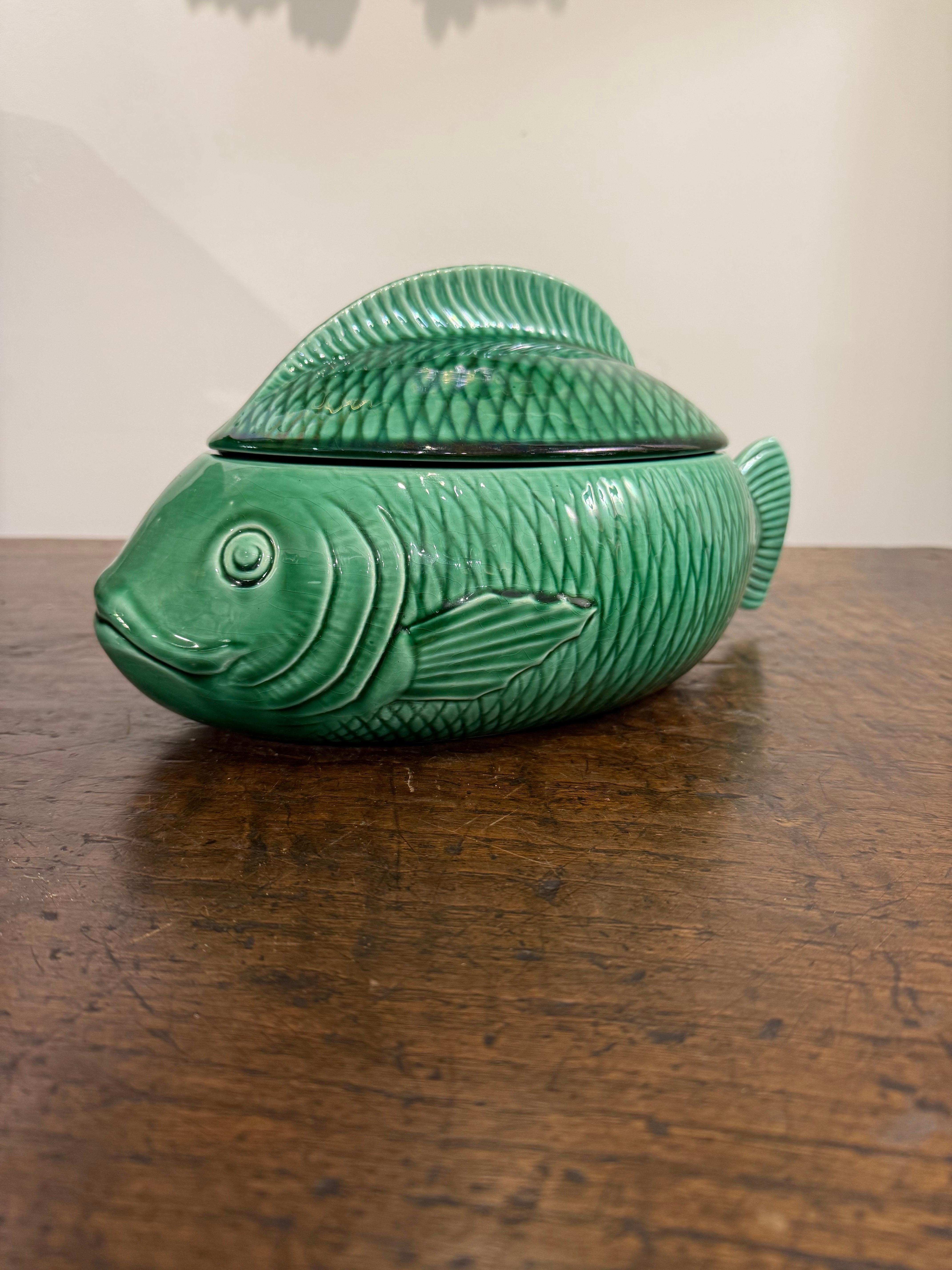 A French Green Majolica Fish Tureen by Sarreguemines, Mid 20th Century For Sale 1