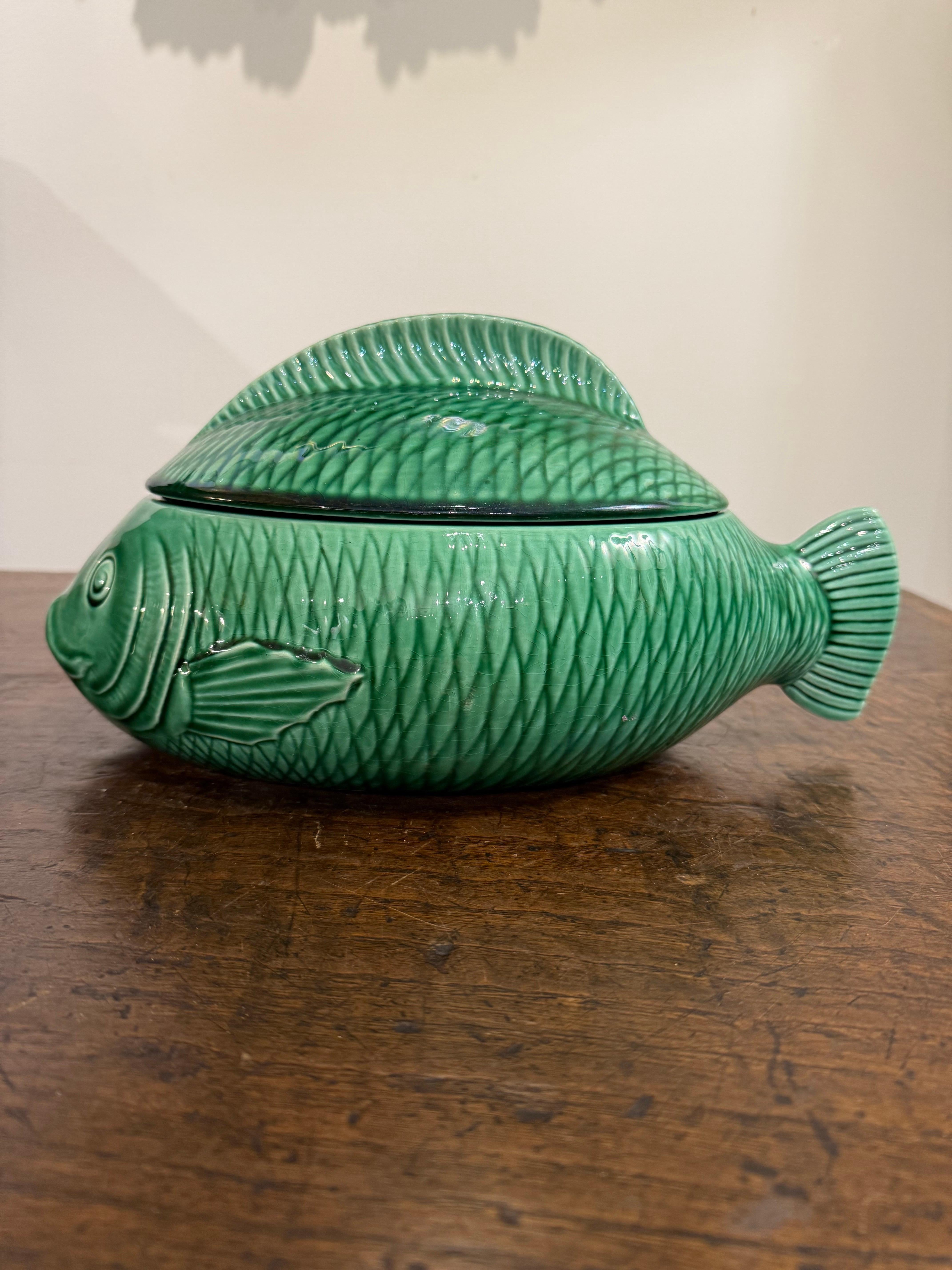 A French Green Majolica Fish Tureen by Sarreguemines, Mid 20th Century For Sale 2