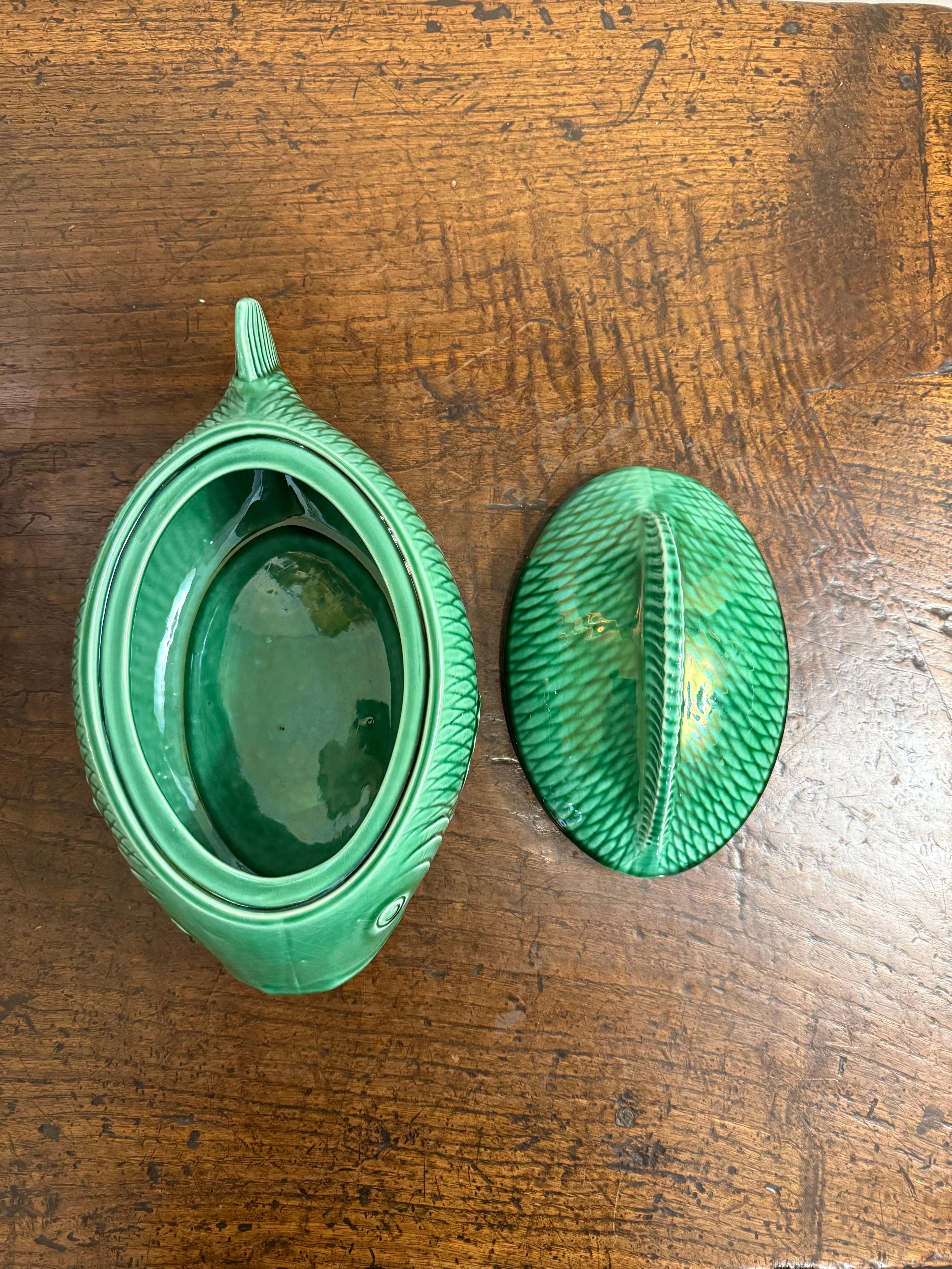 A French Green Majolica Fish Tureen by Sarreguemines, Mid 20th Century For Sale 6