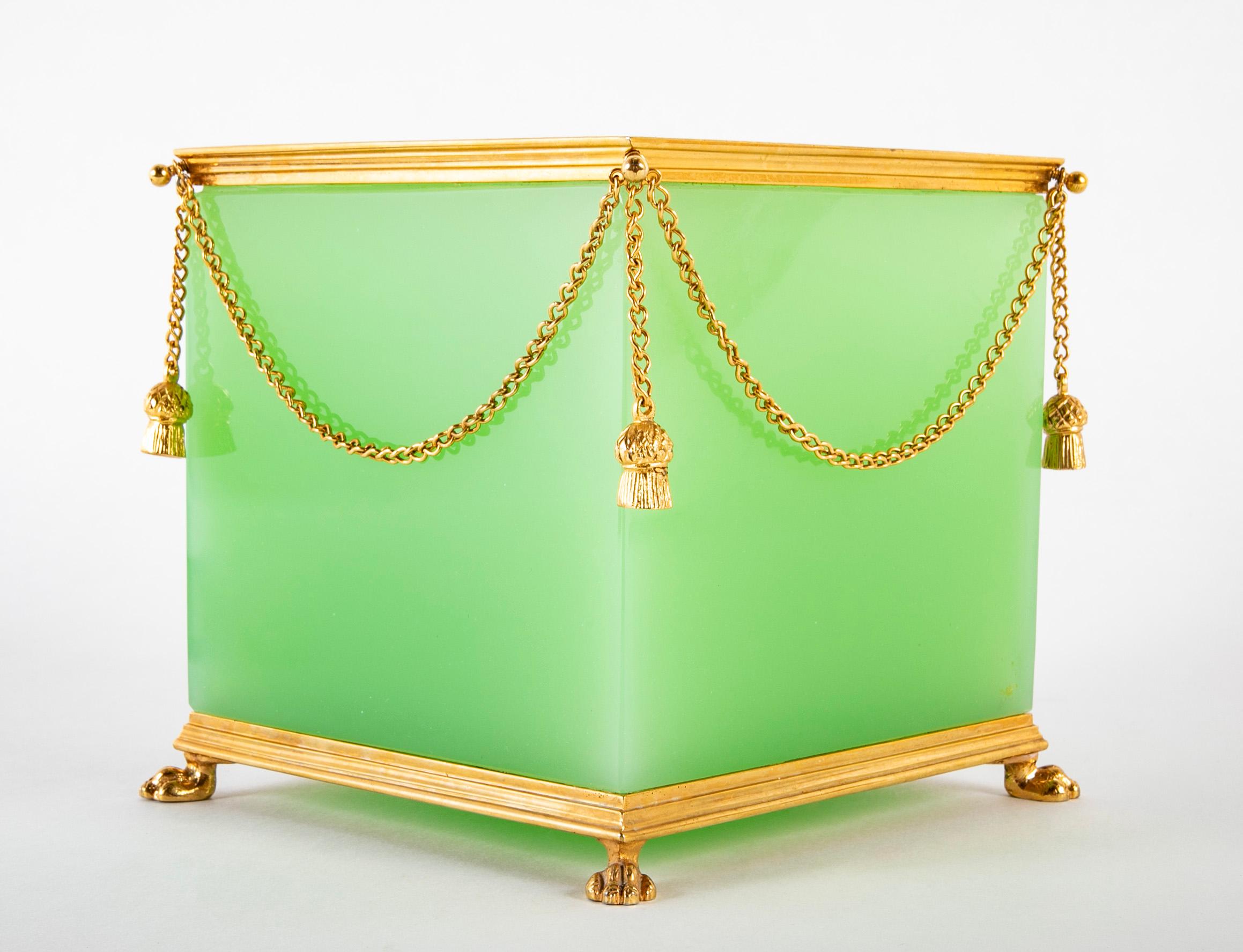 Neoclassical A French Green Opaline Glass Cachepot with Gilt Mounting For Sale
