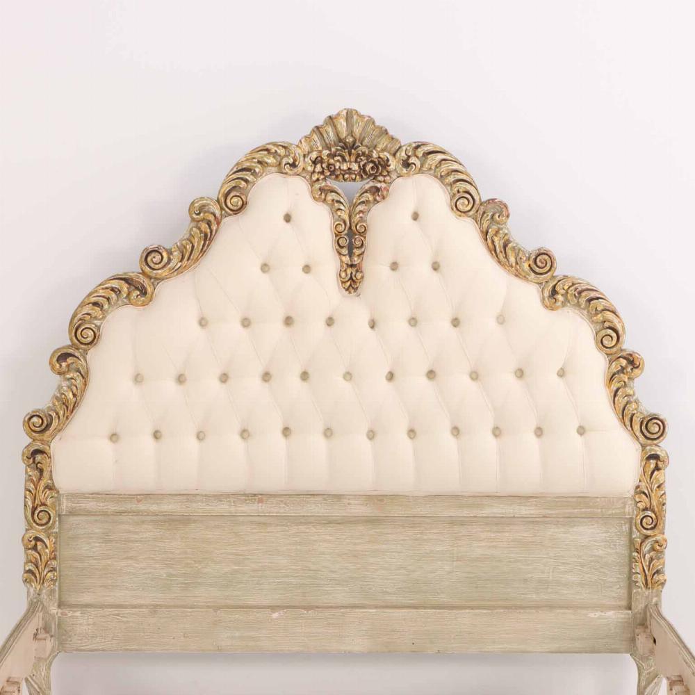 A French Hollywood Regency style painted and gilt carved full size bed, C. 1940. For Sale 2