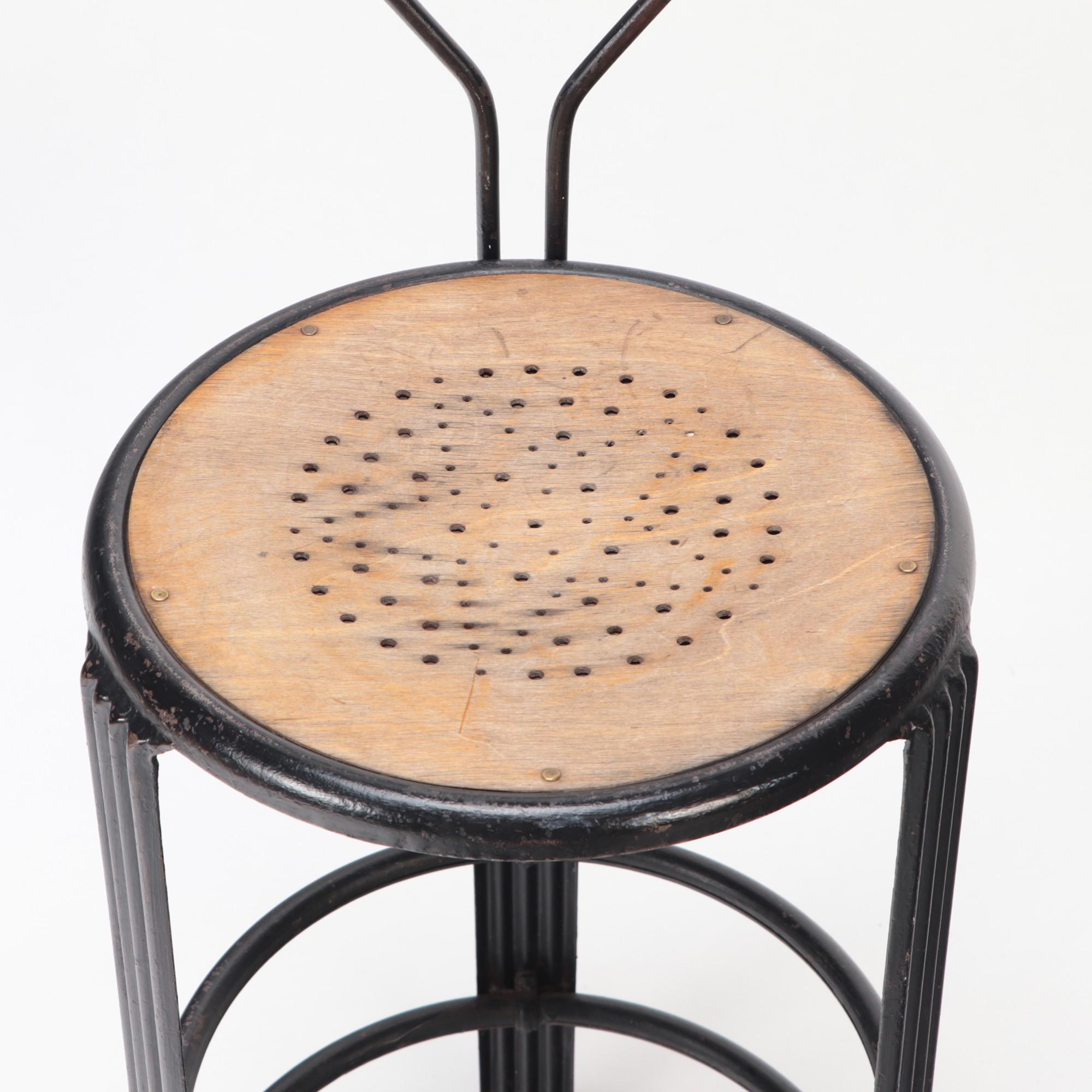 Early 20th Century French Iron Counter Stool with Wooden Seat and Backrest, C 1910 For Sale