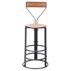 French Iron Counter Stool with Wooden Seat and Backrest, C 1910