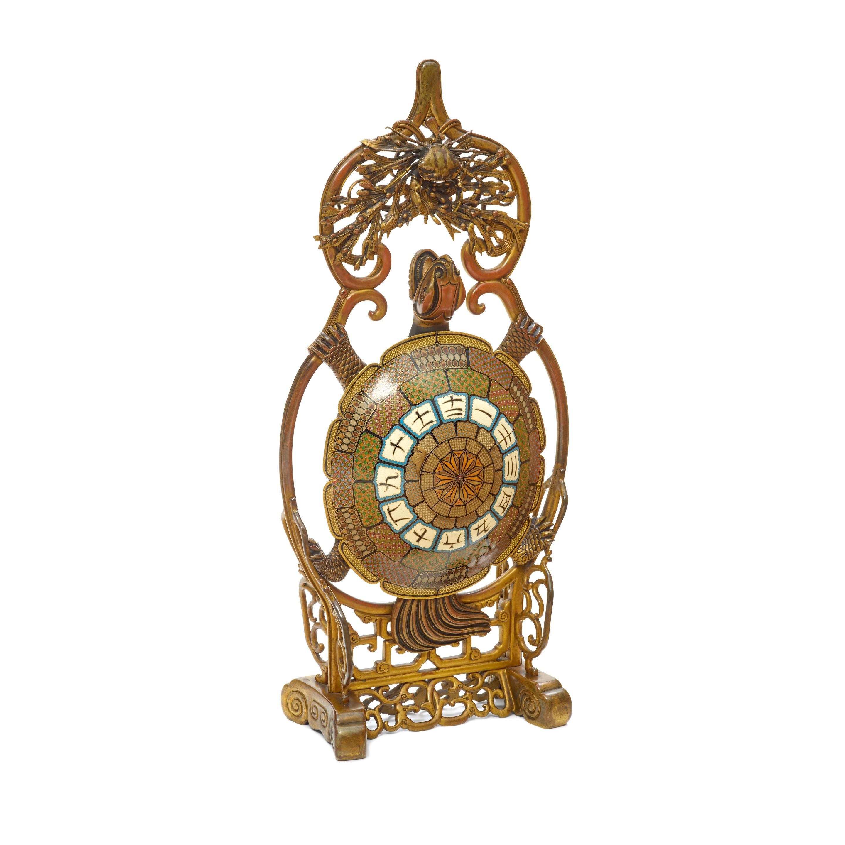Cast A French Japonaise Cloisonné Gilt & Patinated Bronze Turtle Form Clock For Sale