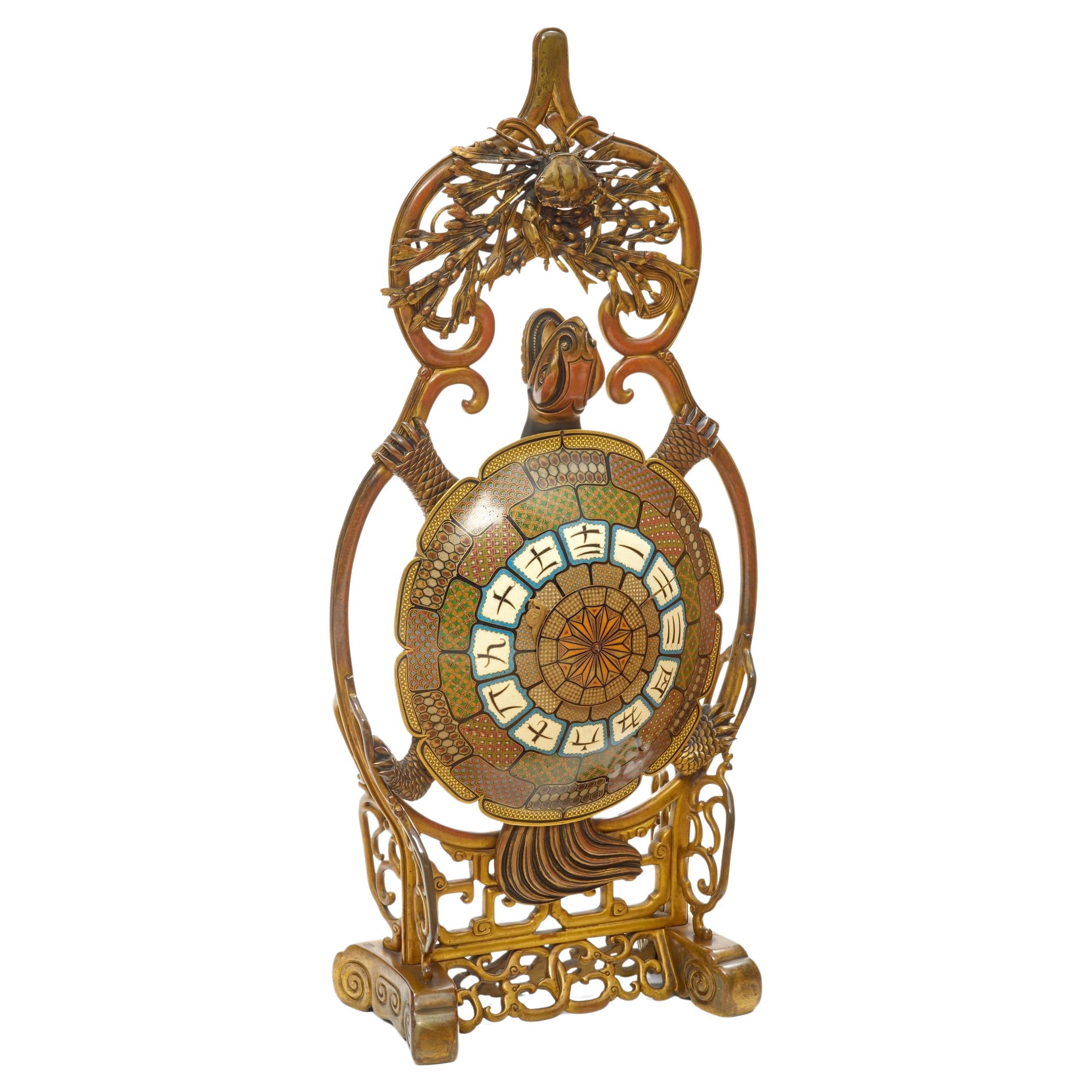 A French Japonaise Cloisonné Gilt & Patinated Bronze Turtle Form Clock For Sale