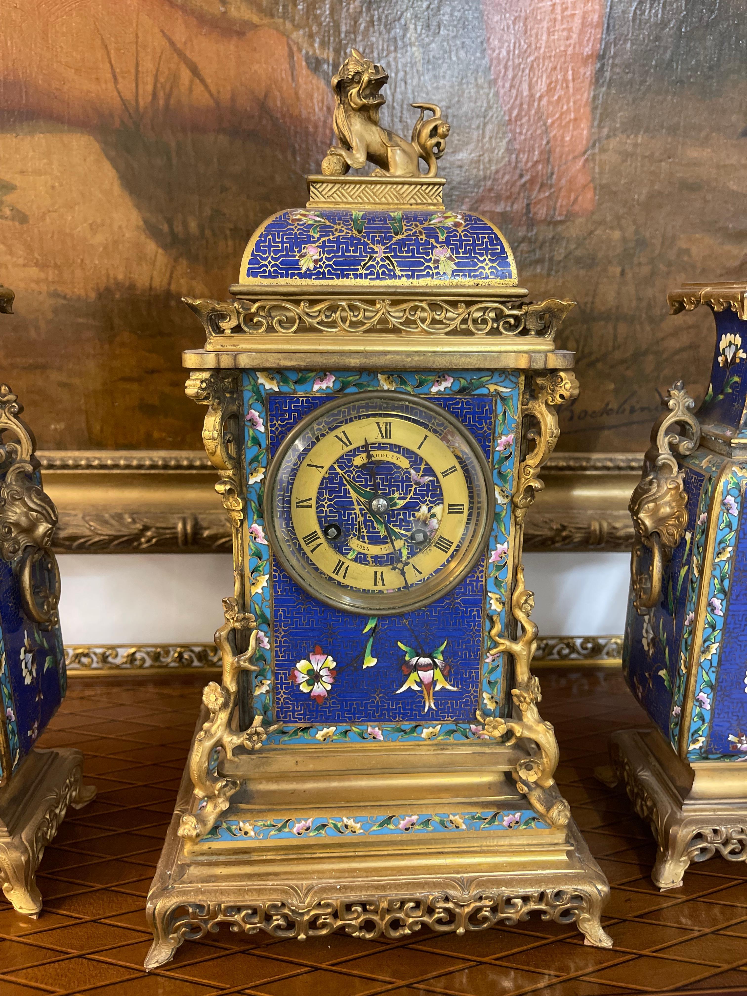 Japonisme French Japonaise Ormolu & Champleve Enamel Five-Piece Clock Garniture For Sale