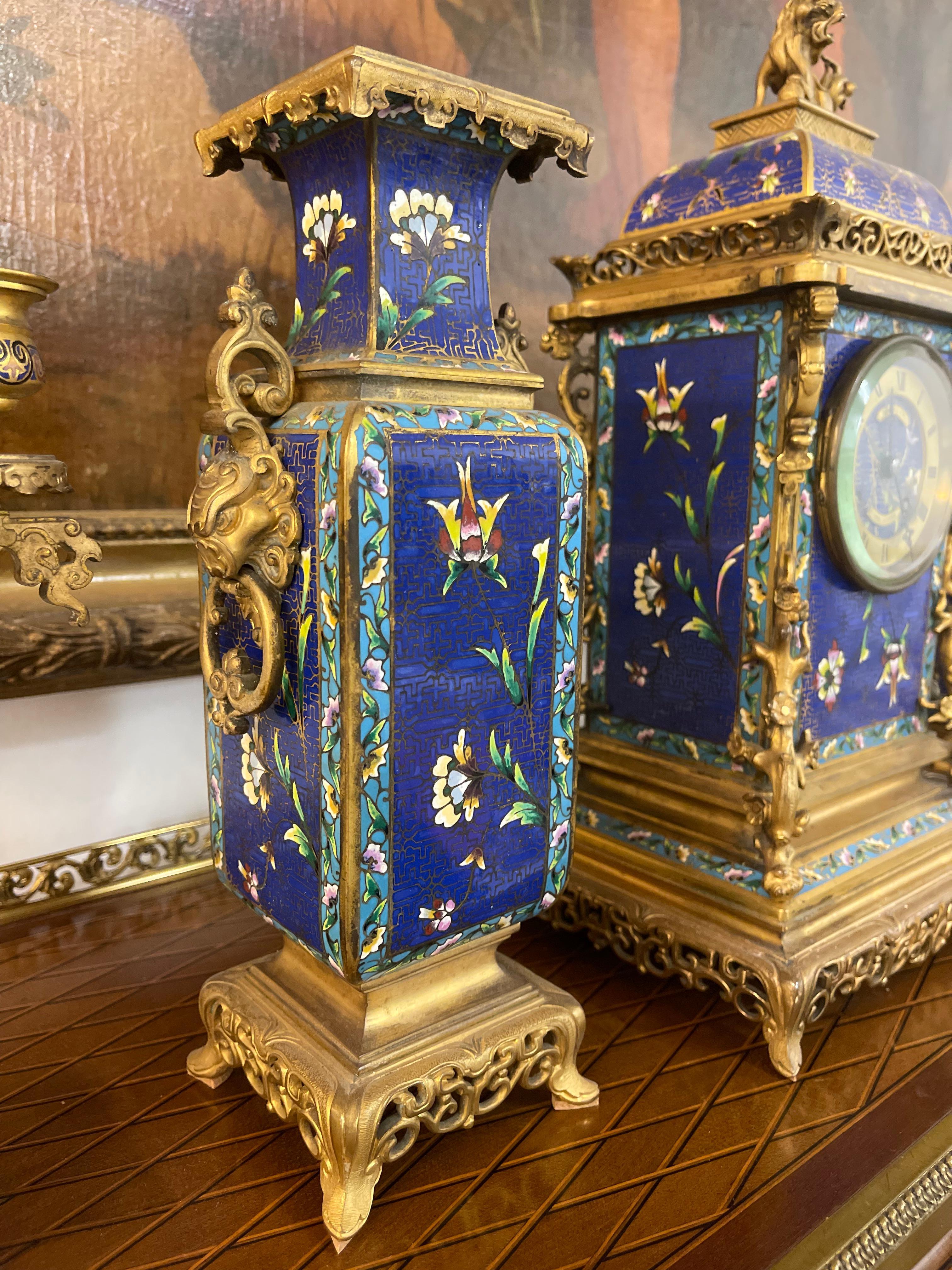 Cast French Japonaise Ormolu & Champleve Enamel Five-Piece Clock Garniture For Sale