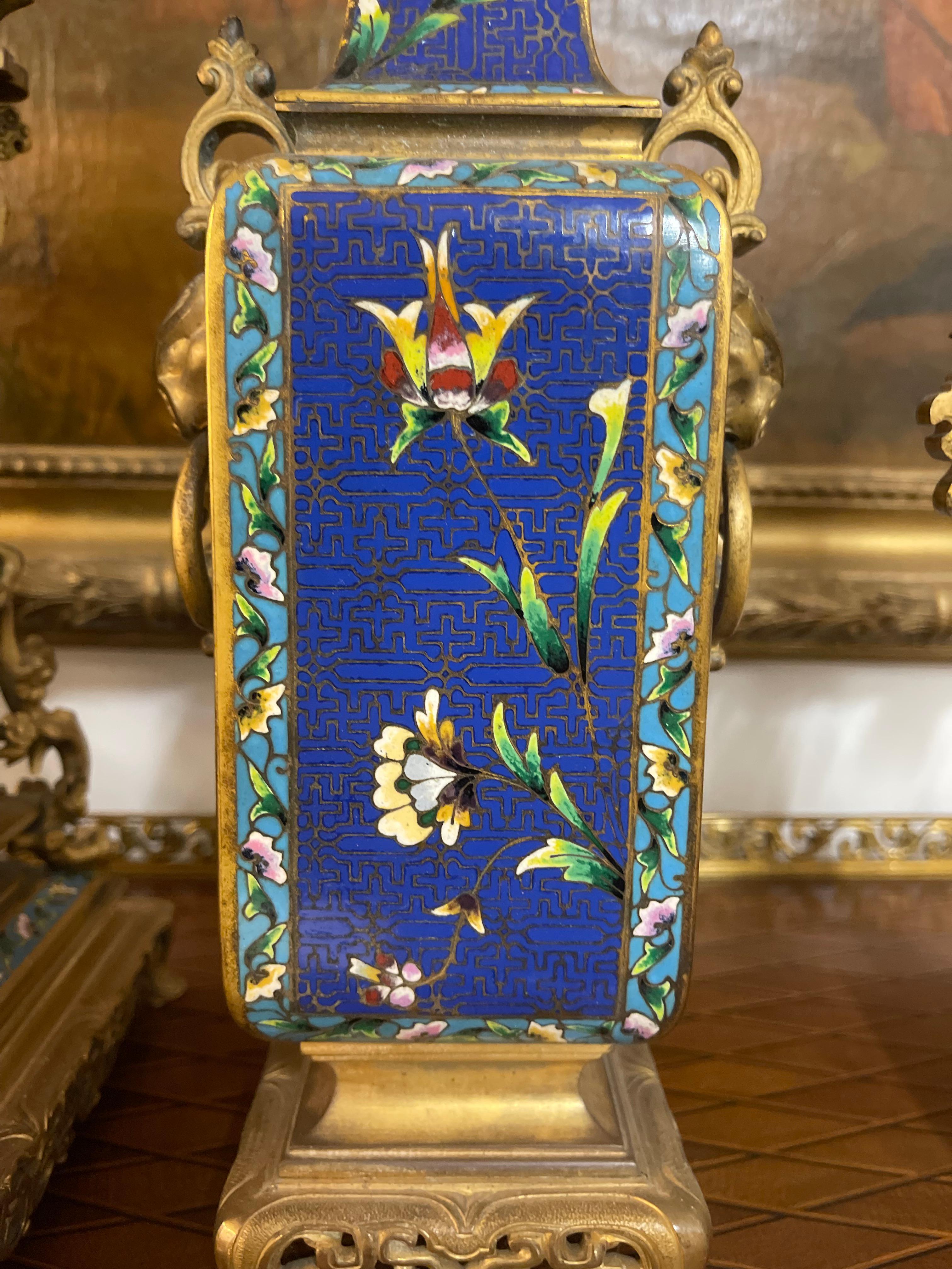 19th Century French Japonaise Ormolu & Champleve Enamel Five-Piece Clock Garniture For Sale