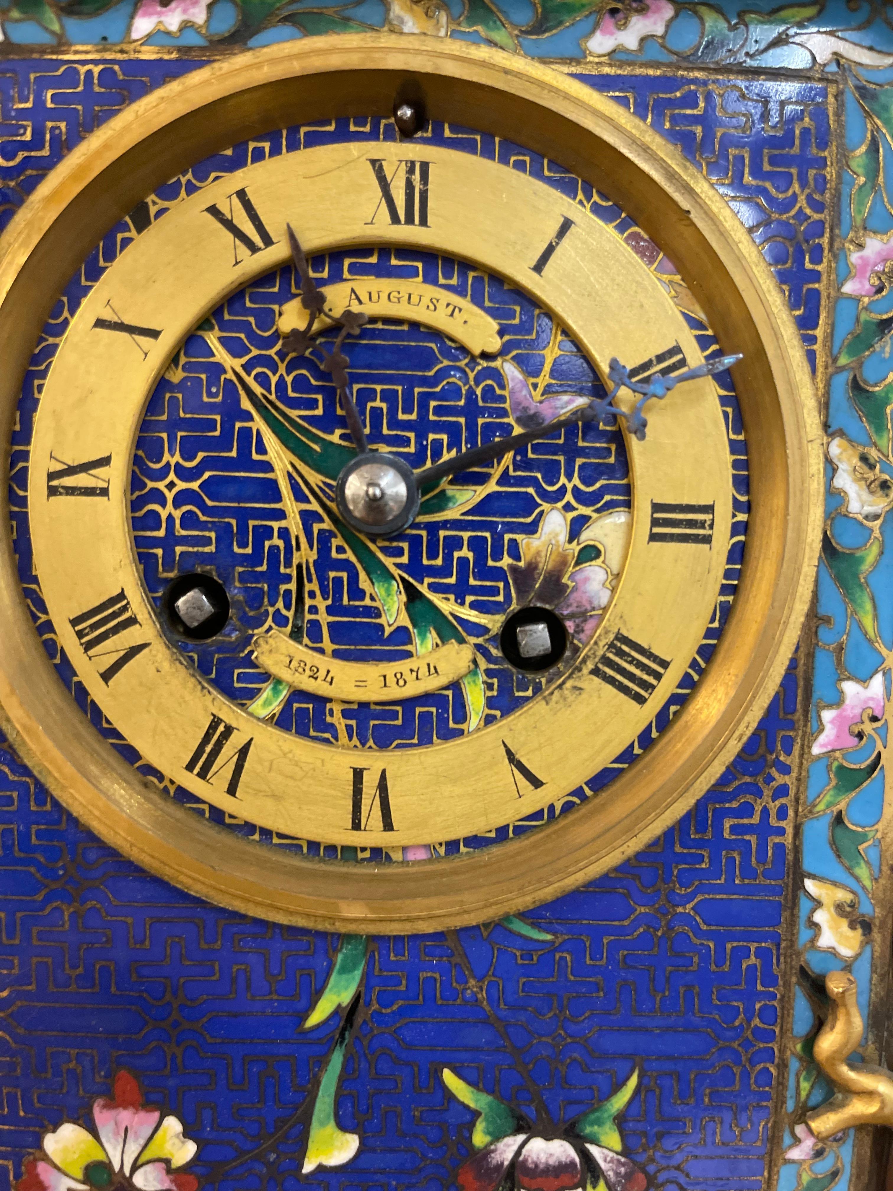 Bronze French Japonaise Ormolu & Champleve Enamel Five-Piece Clock Garniture For Sale