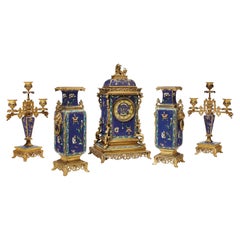 Antique French Japonaise Ormolu & Champleve Enamel Five-Piece Clock Garniture