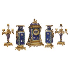 Used French Japonaise Ormolu & Champleve Enamel Five-Piece Clock Garniture