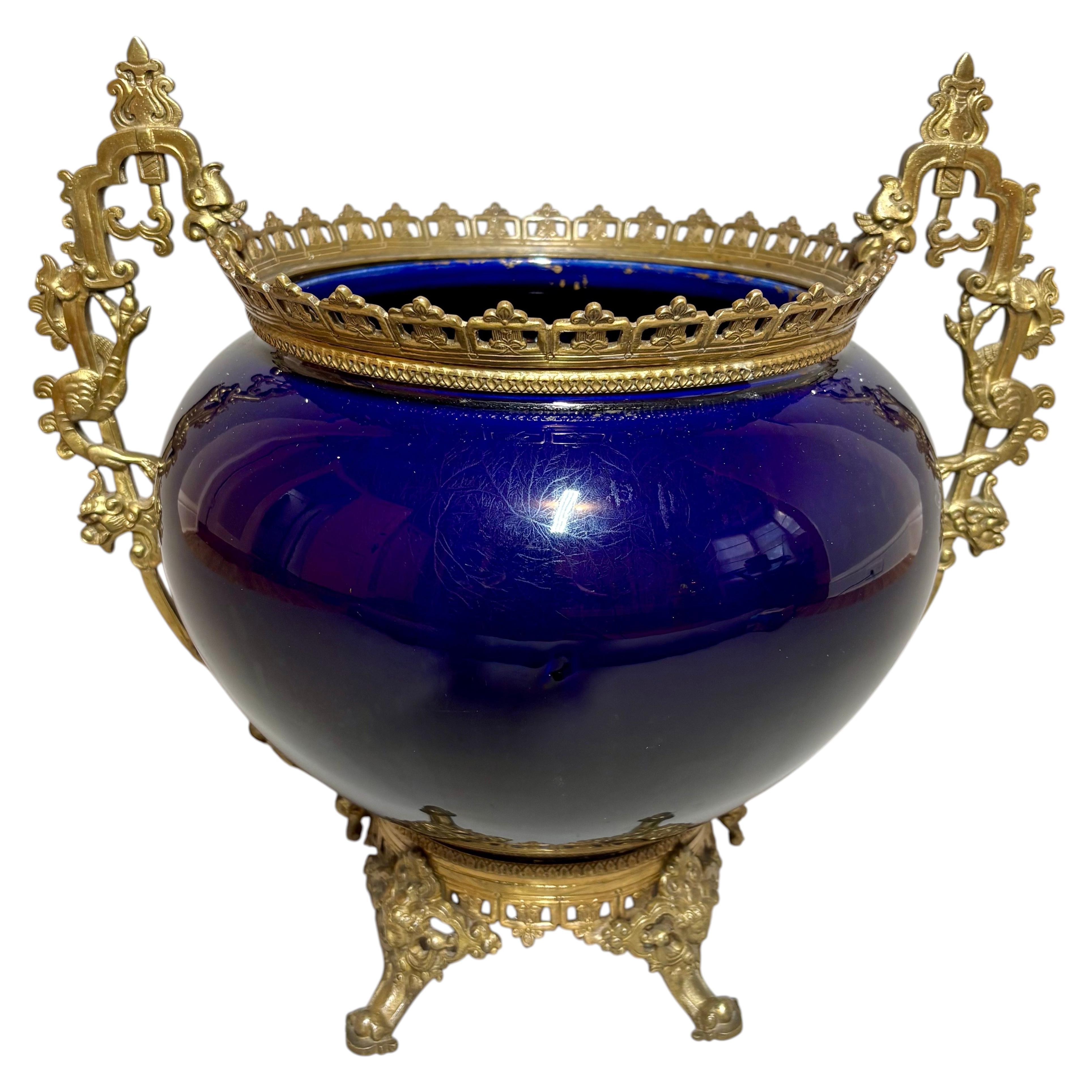 A French Japonisme Bronze-Mounted Cobalt Blue Porcelain Jardinière circa 1880
