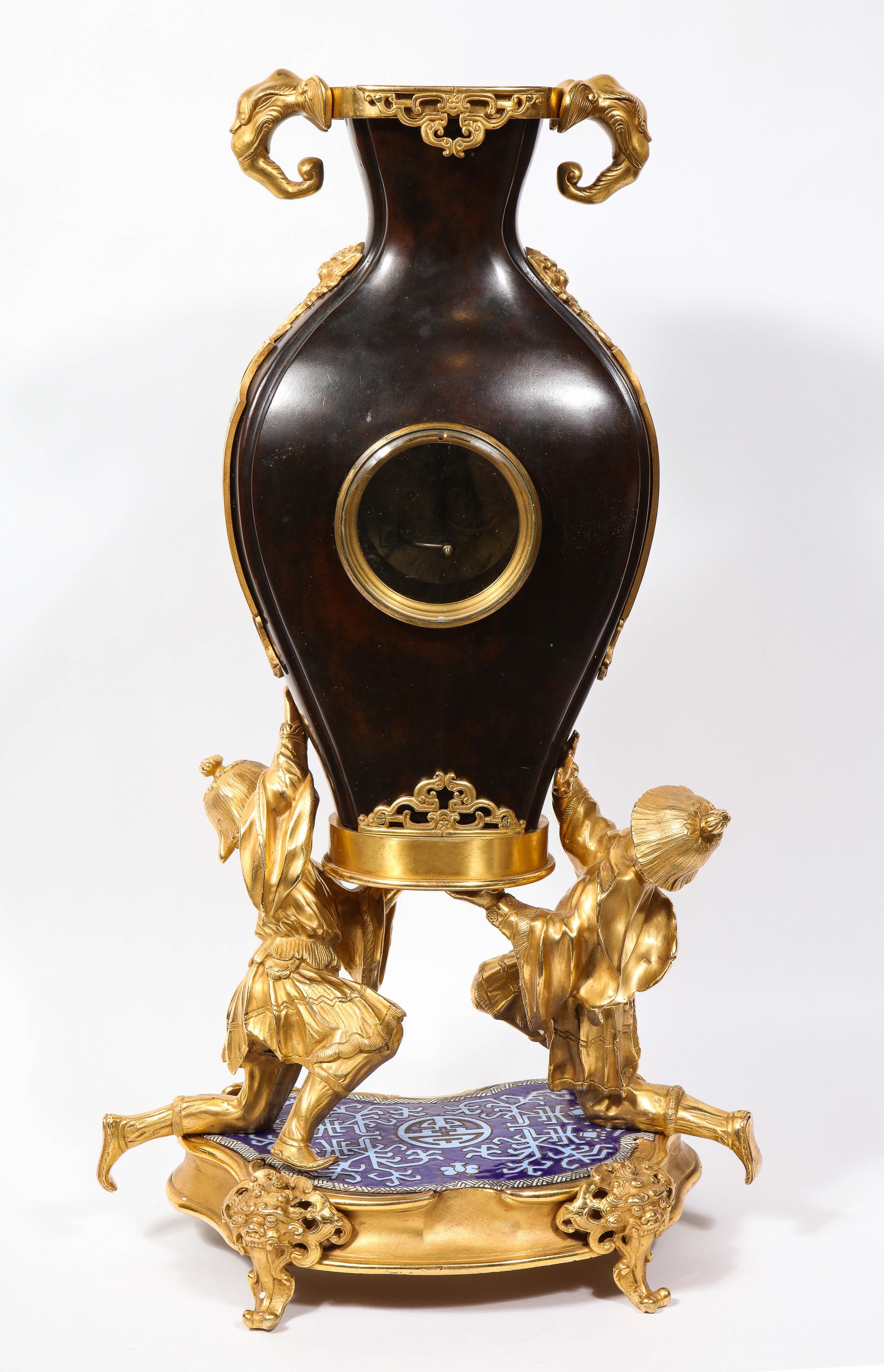 French Japonisme Ormolu, Patinated Bronze, and Cloisonne Enamel Mantel Clock For Sale 7