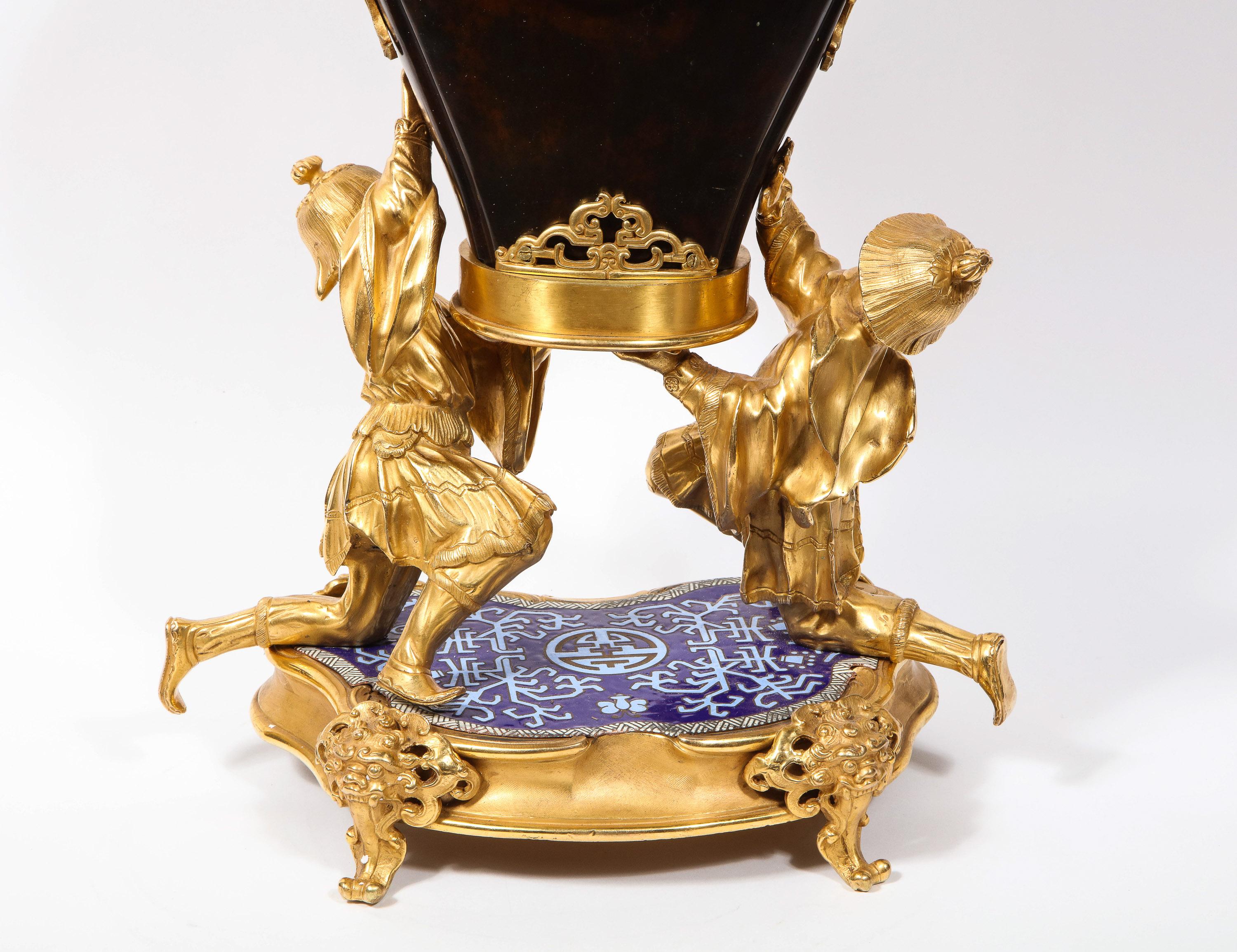 French Japonisme Ormolu, Patinated Bronze, and Cloisonne Enamel Mantel Clock For Sale 8