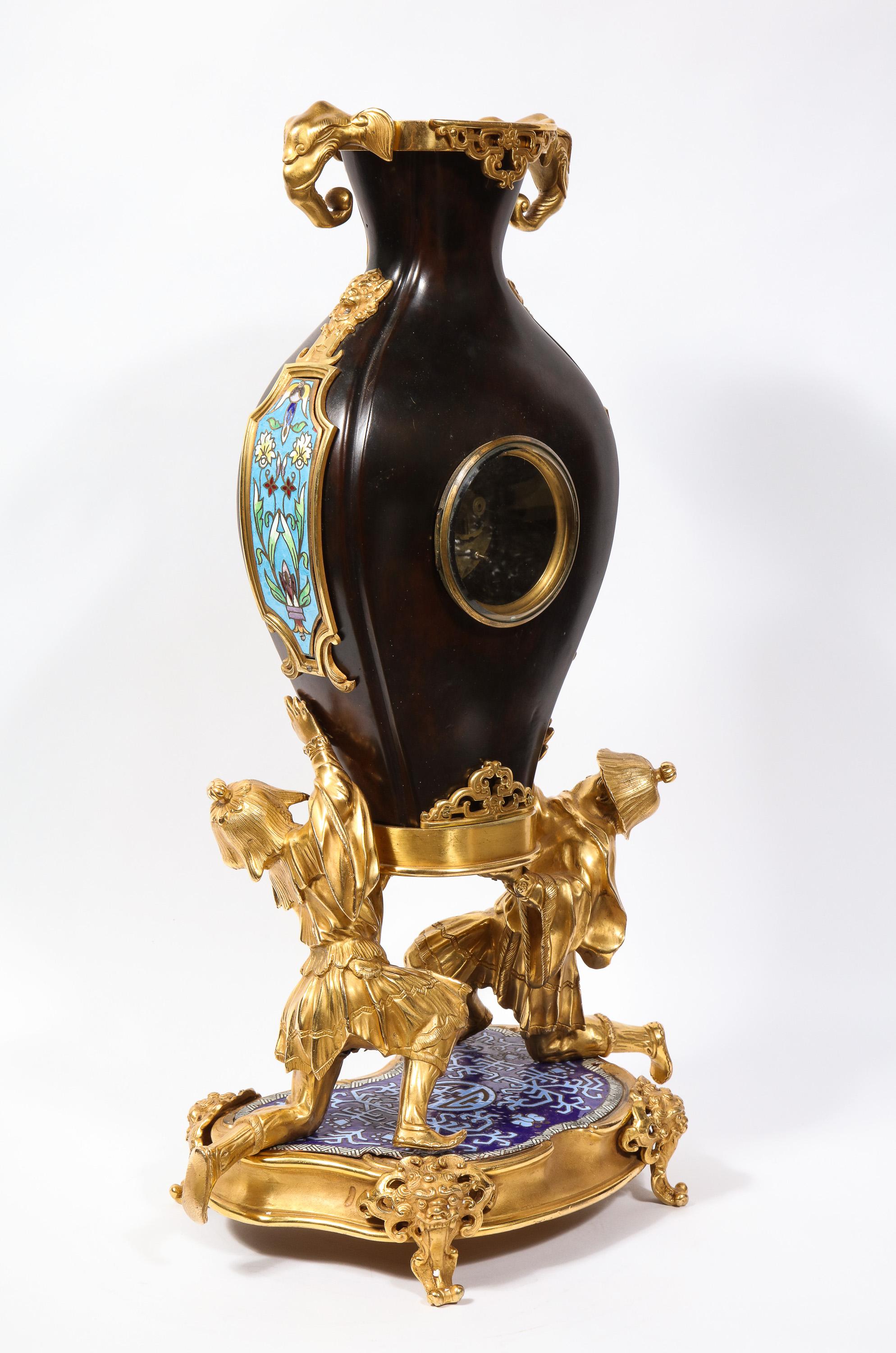 French Japonisme Ormolu, Patinated Bronze, and Cloisonne Enamel Mantel Clock For Sale 10